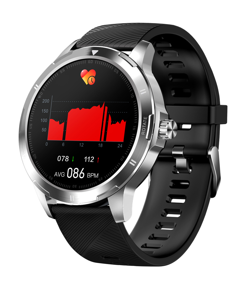 Srebrny smartwatch z czarnym paskiem pokazuje wykres tętna i 86 BPM.