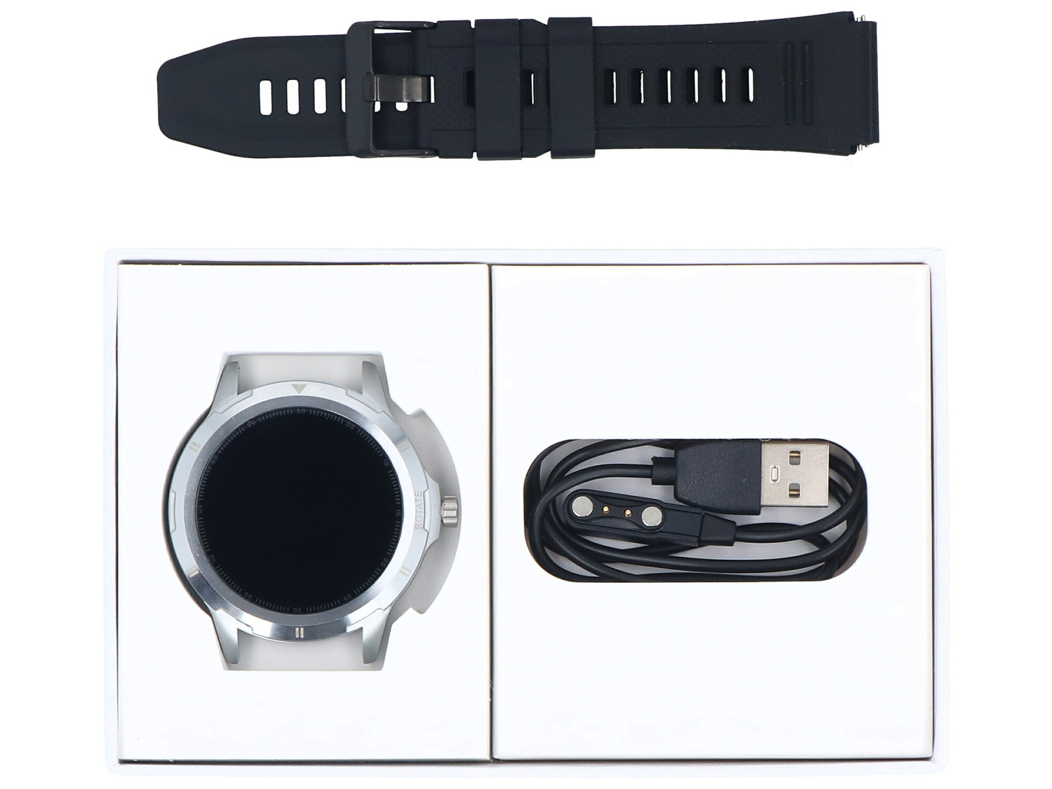 Srebrna koperta smartwatcha, czarny pasek i kabel ładujący w białym pudełku.