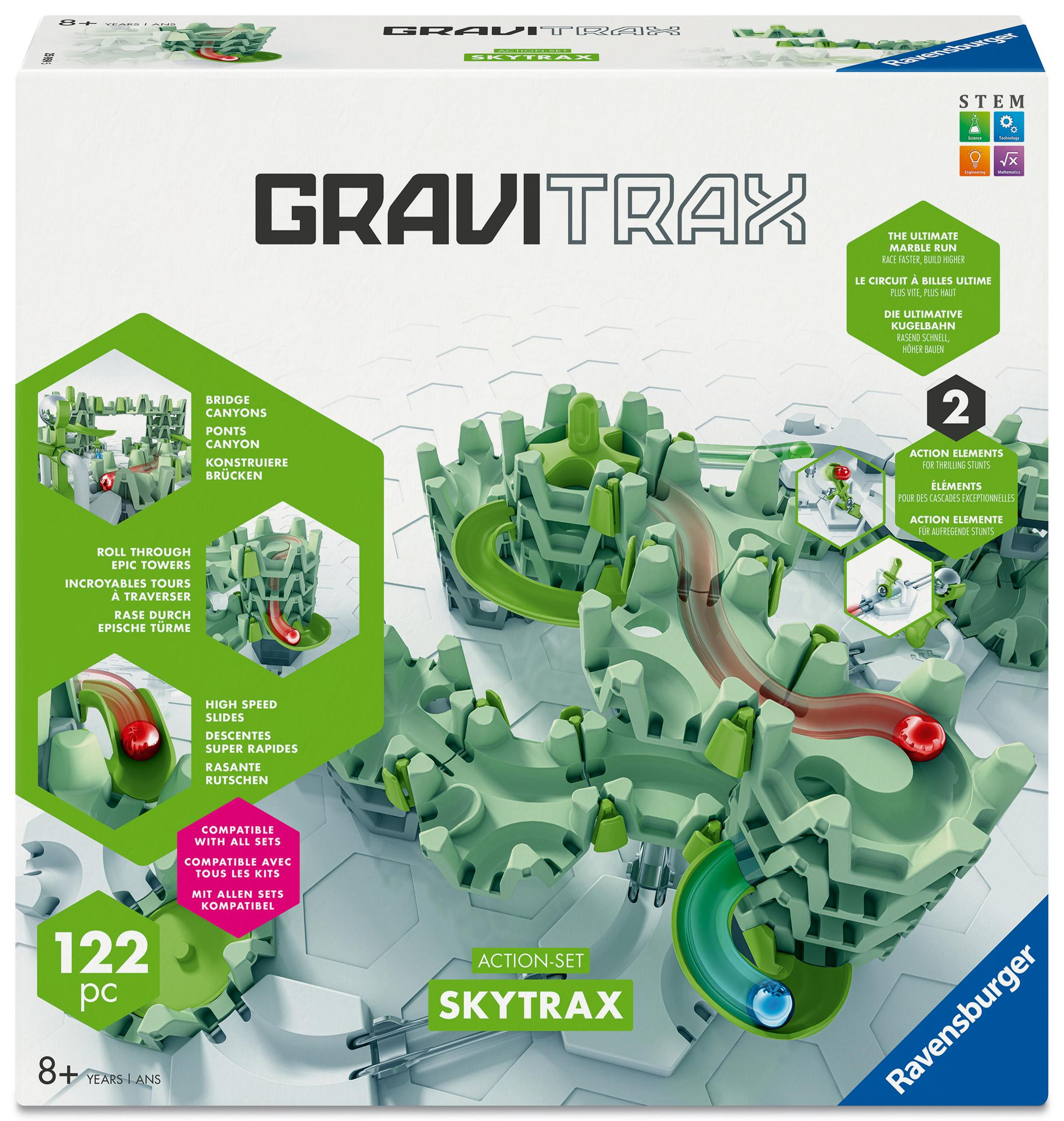 Gravitrax Action-Set Skytrax mit grünen und grauen Bauteilen, Bahnen und Kugeln.