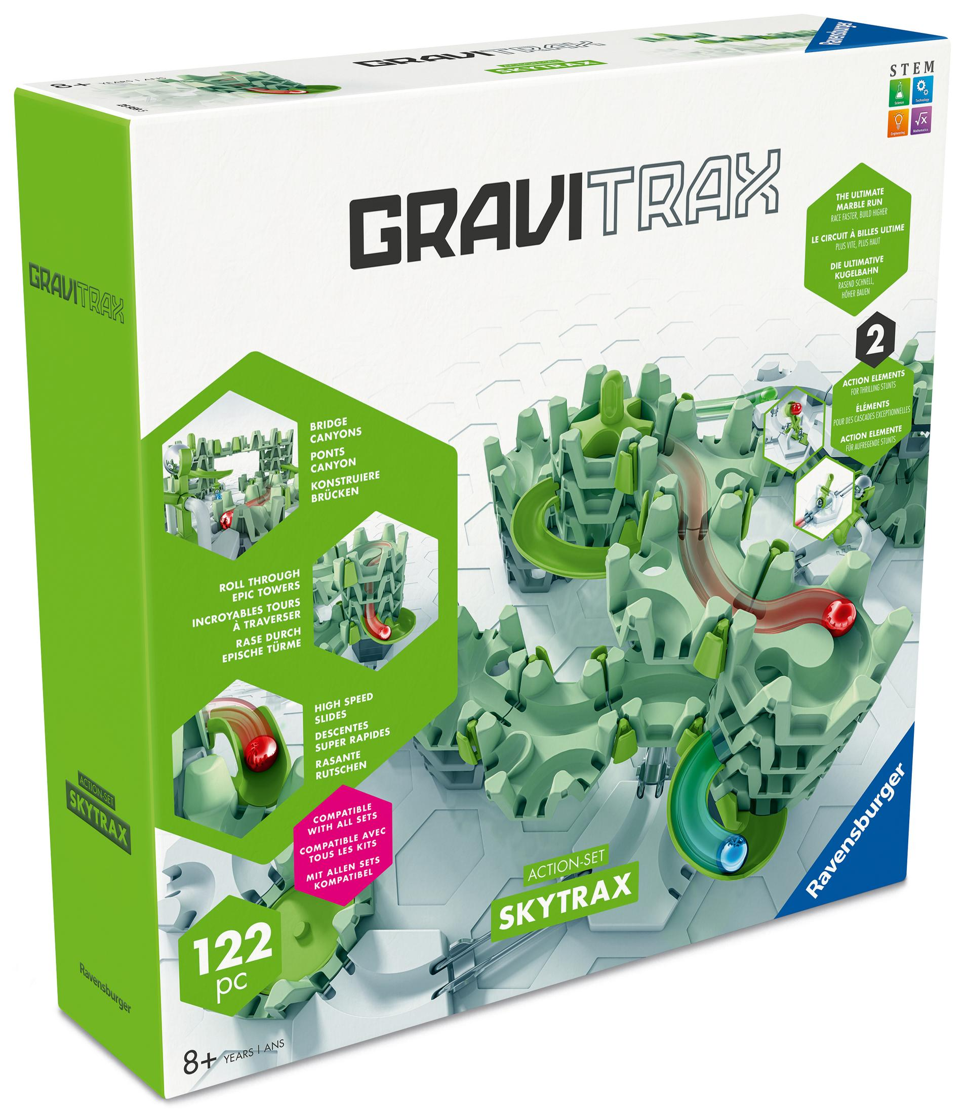 Gravitrax Skytrax Spielzeugverpackung mit grünen und grauen Bauteilen für eine Murmelbahn.