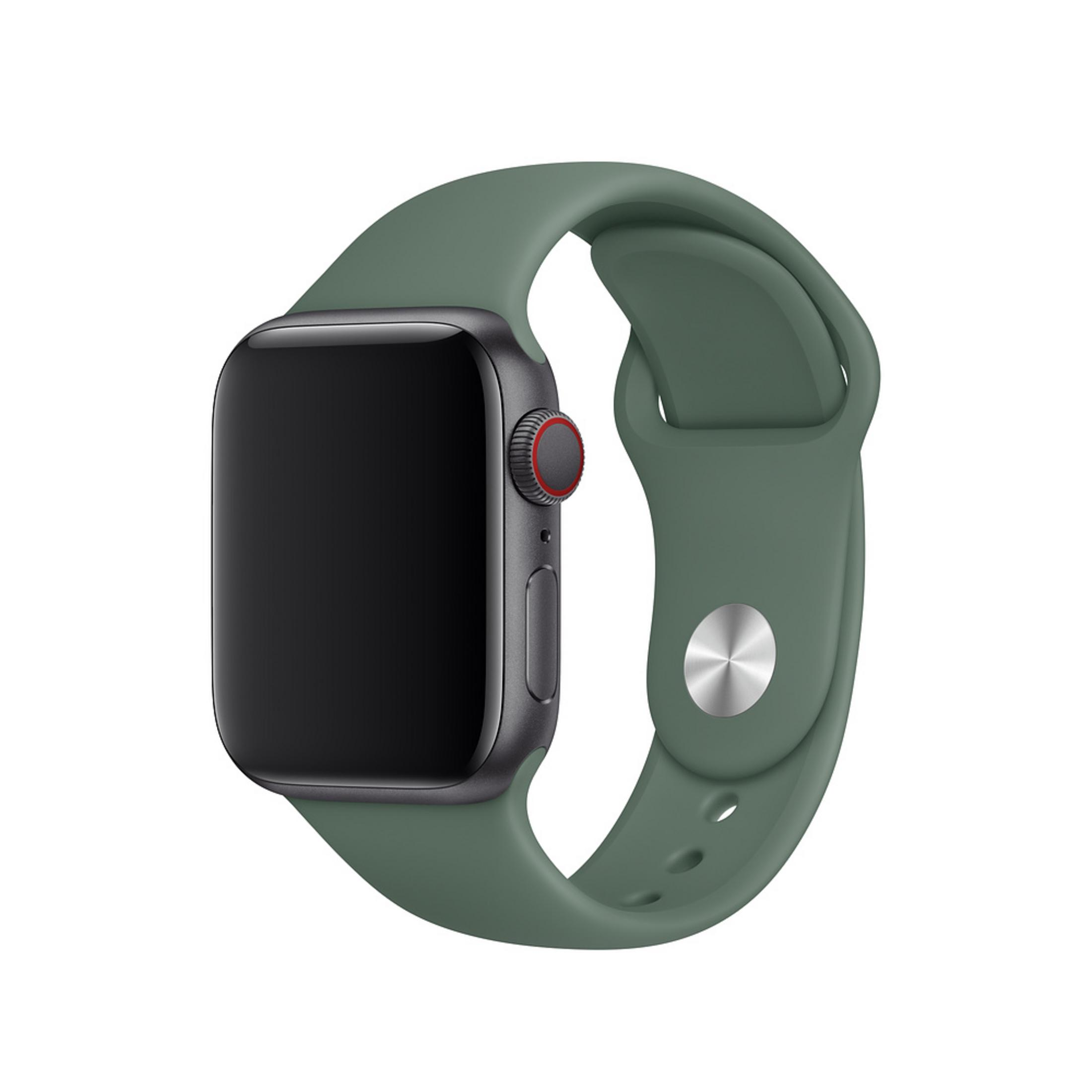 Eine dunkle Smartwatch mit grünem Armband und digitaler Krone an der Seite.