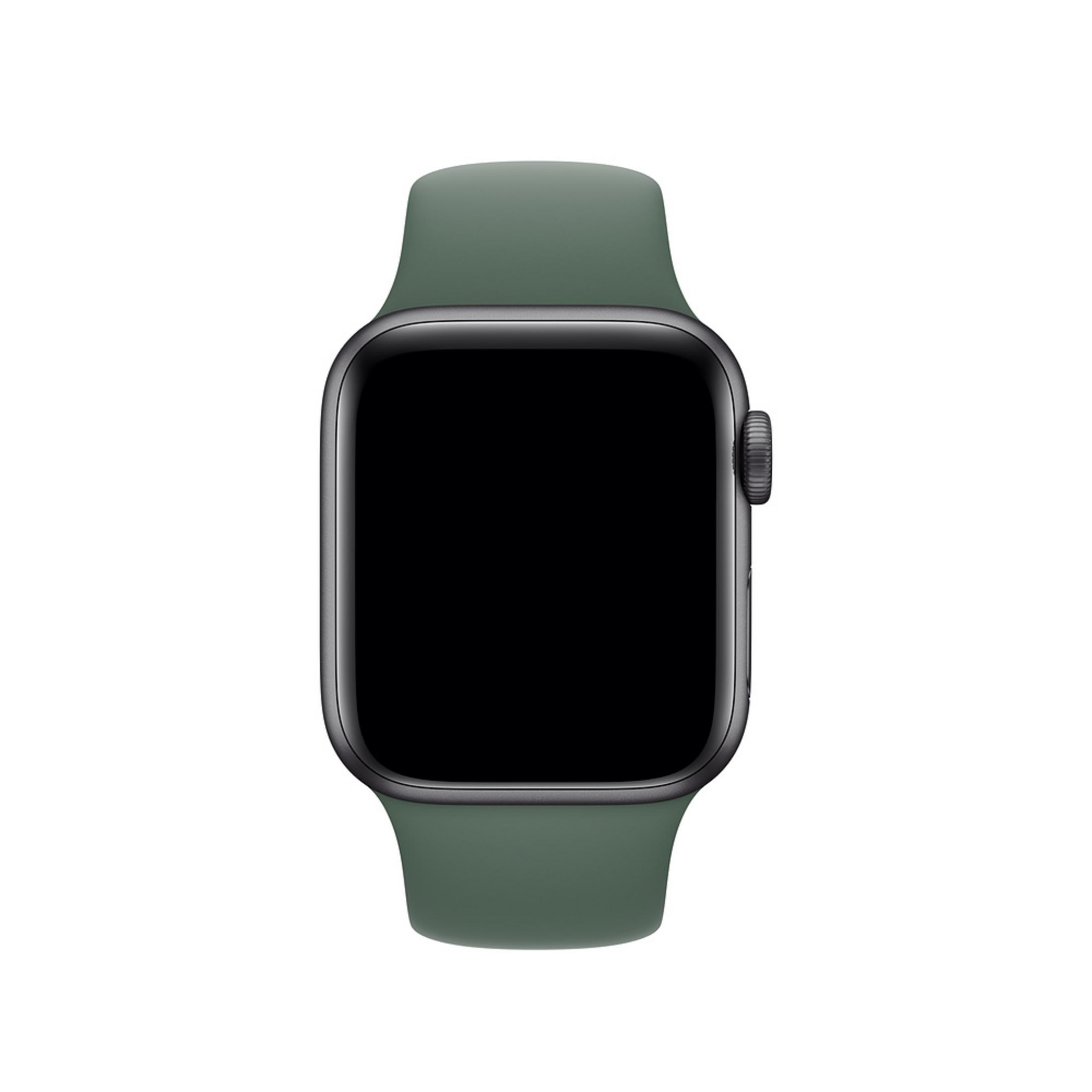 Eine dunkelgraue Smartwatch mit grünem Band ist vor weißem Hintergrund abgebildet.