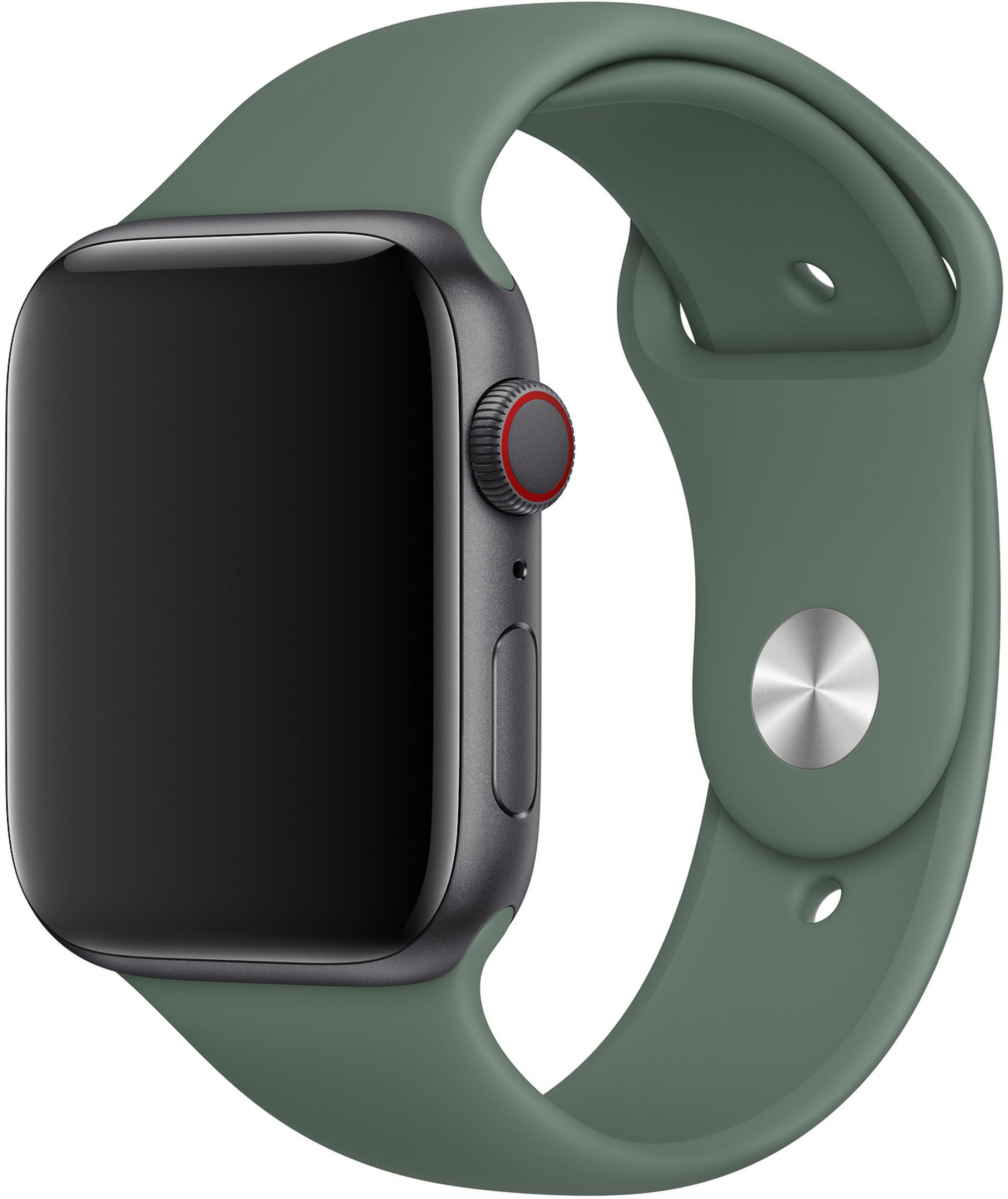 Eine graue Smartwatch mit einem dunkelgrünen Armband auf weißem Hintergrund.