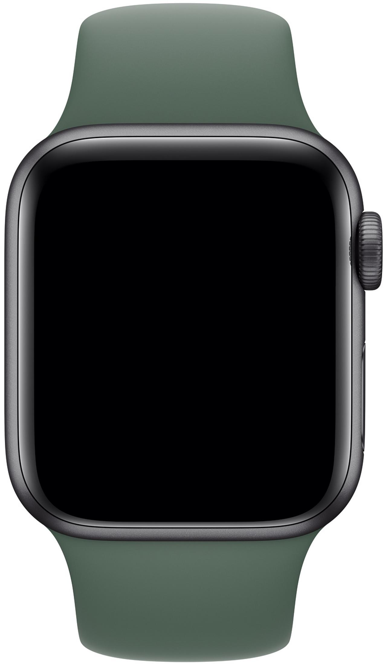 Eine grüne Smartwatch mit schwarzem Bildschirm und drehbarer Krone.