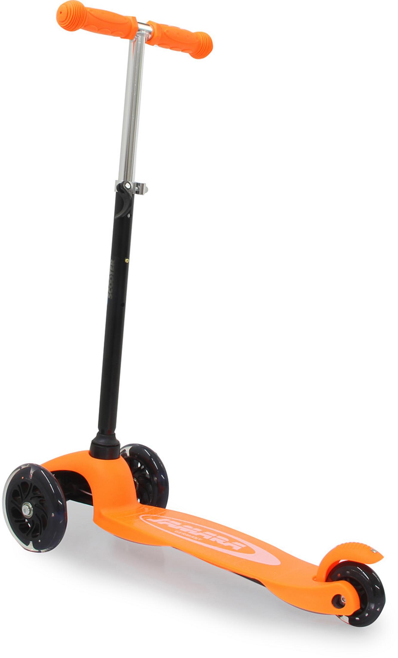 Ein orangefarbener dreirädriger Roller mit schwarzen Griffen und Rädern.