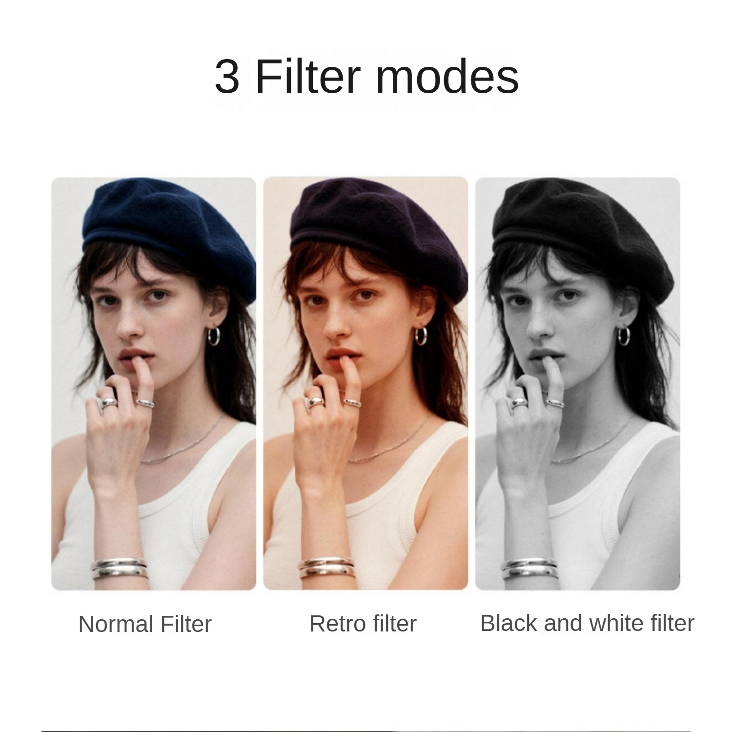 Eine Frau mit blauer Baskenmütze, drei Filtermodi: Normal, Retro und Schwarz-Weiß.