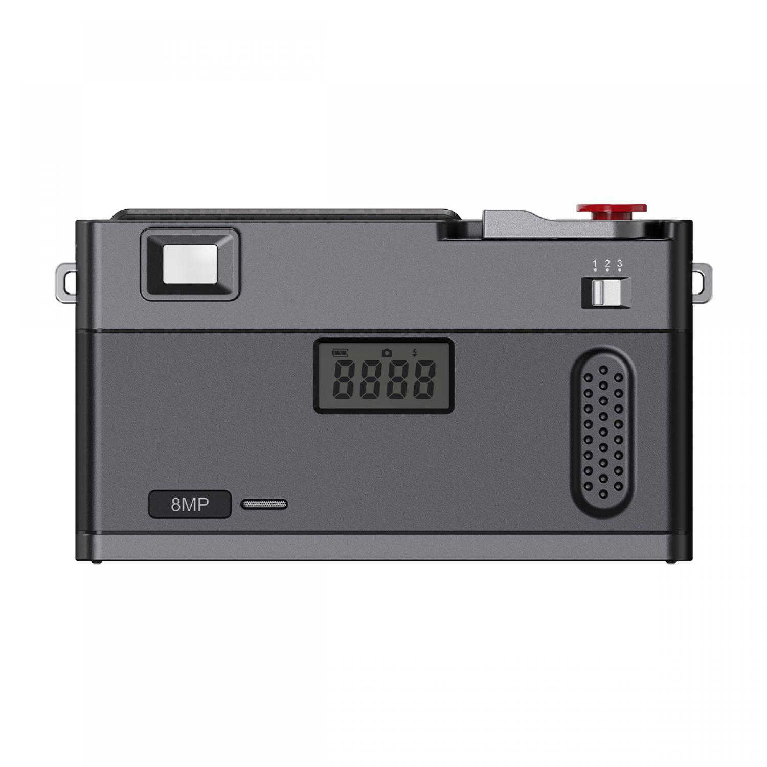 Graue Kamera mit rotem Knopf, kleinem Bildschirm und 8MP-Aufdruck.
