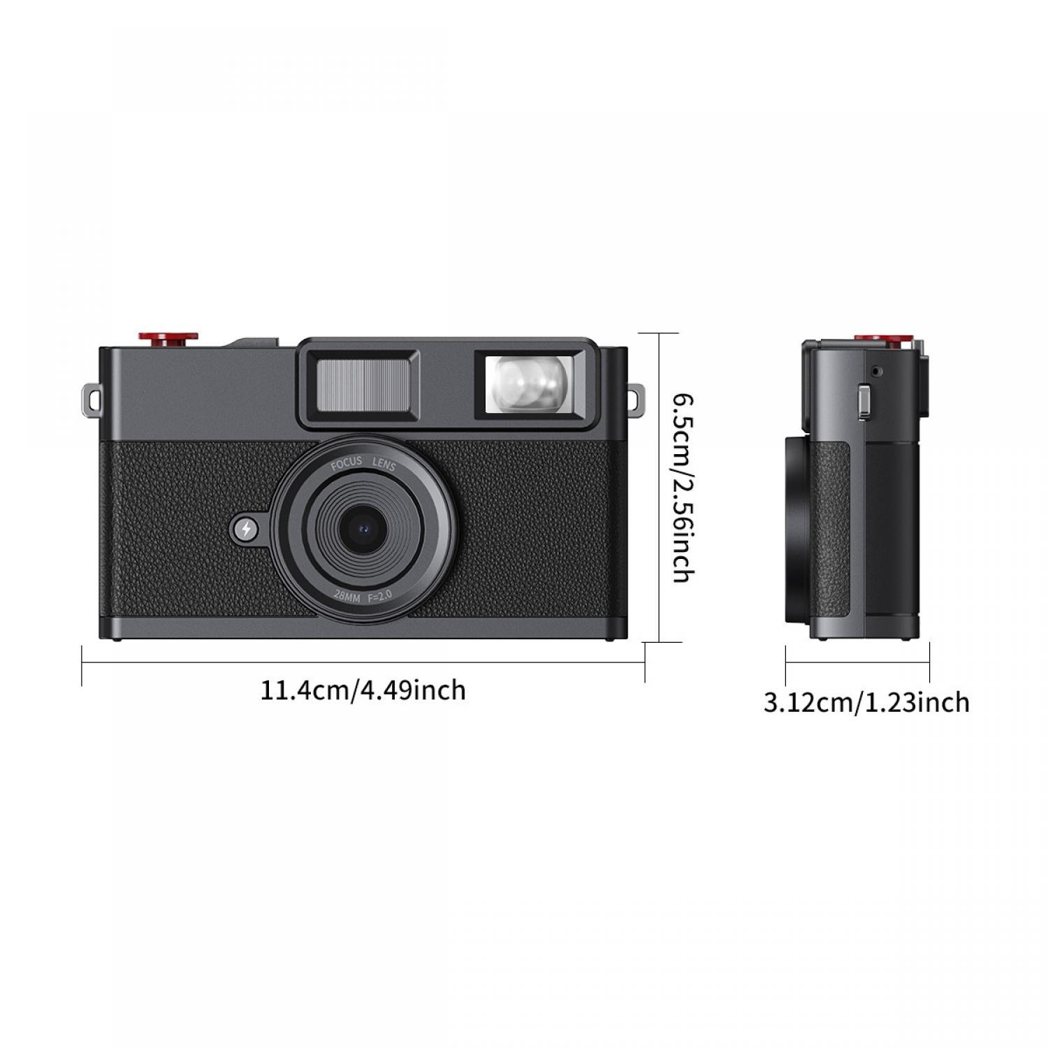 Graue Kamera mit Maßen: L 11,4 cm, H 6,5 cm, T 3,12 cm.