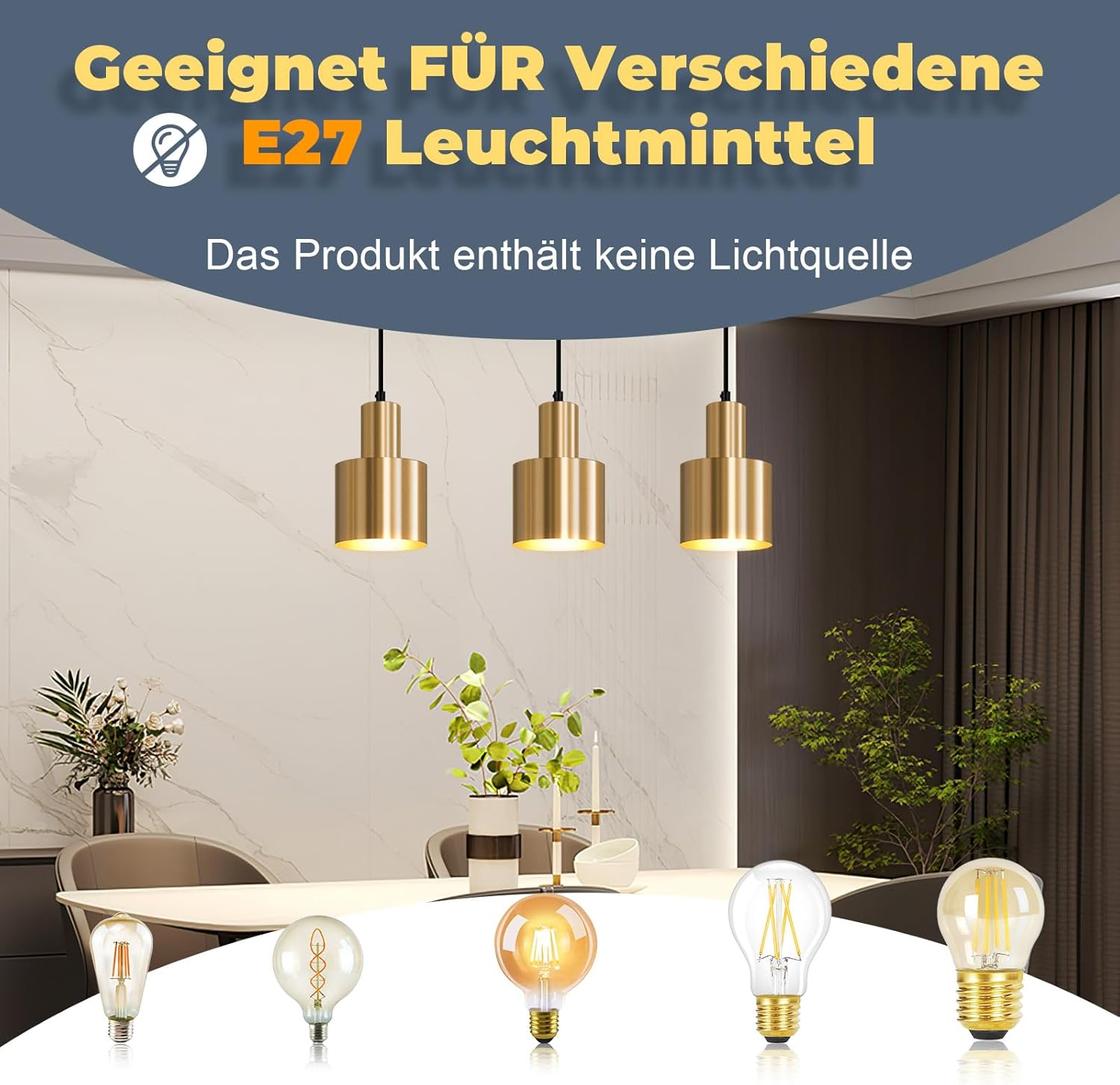 Fünf Glühbirnen vor einem Essbereich mit Hängeleuchten.