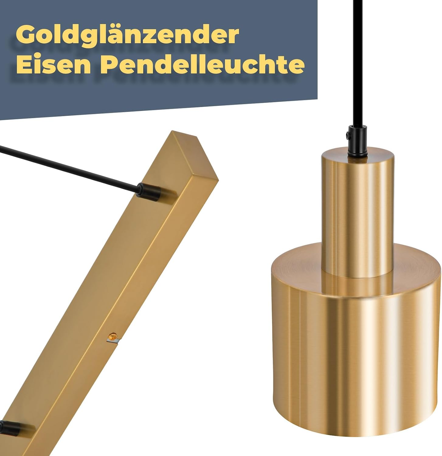 Nahaufnahme einer goldfarbenen Pendelleuchte aus Metall mit zylindrischem Sockel und Stiel.