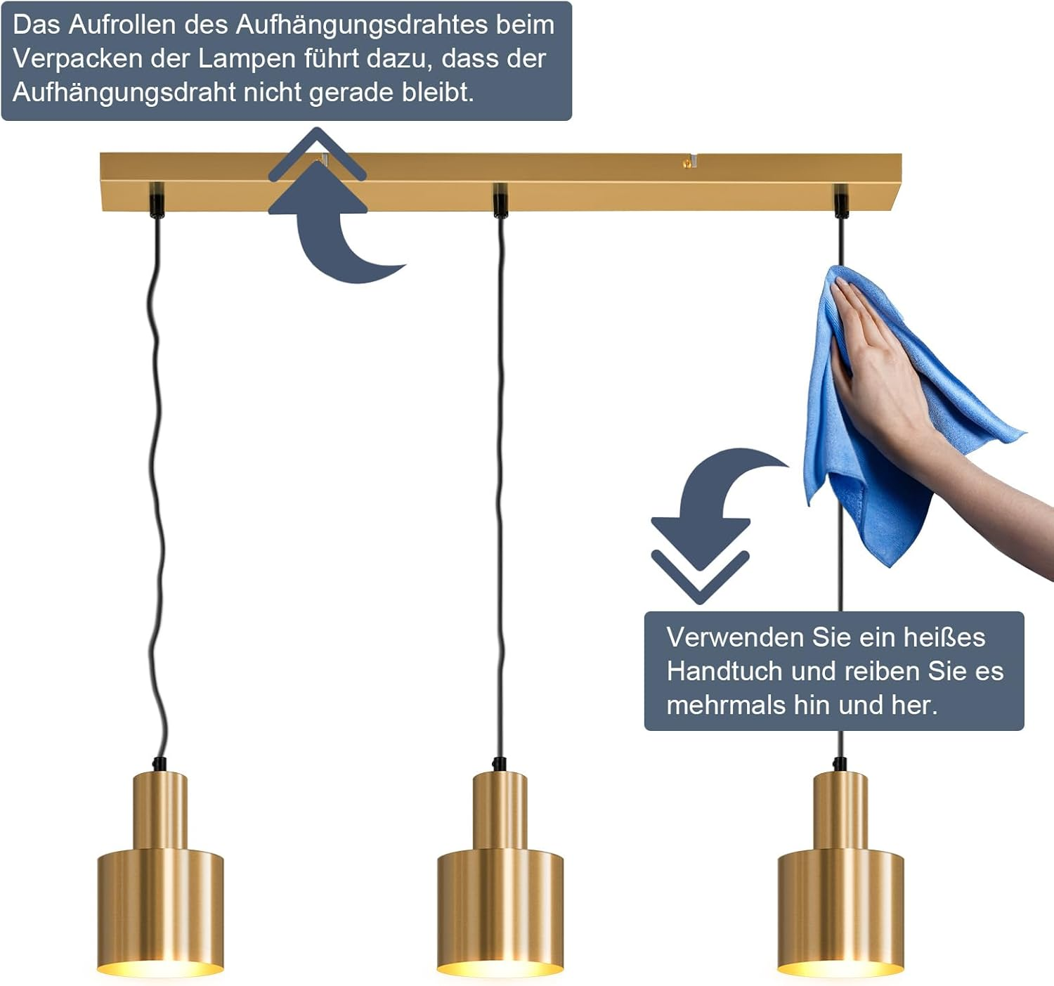 Ein goldener Deckenbalken mit drei hängenden Lampen. Eine Hand reinigt die Kabel mit einem blauen Tuch.