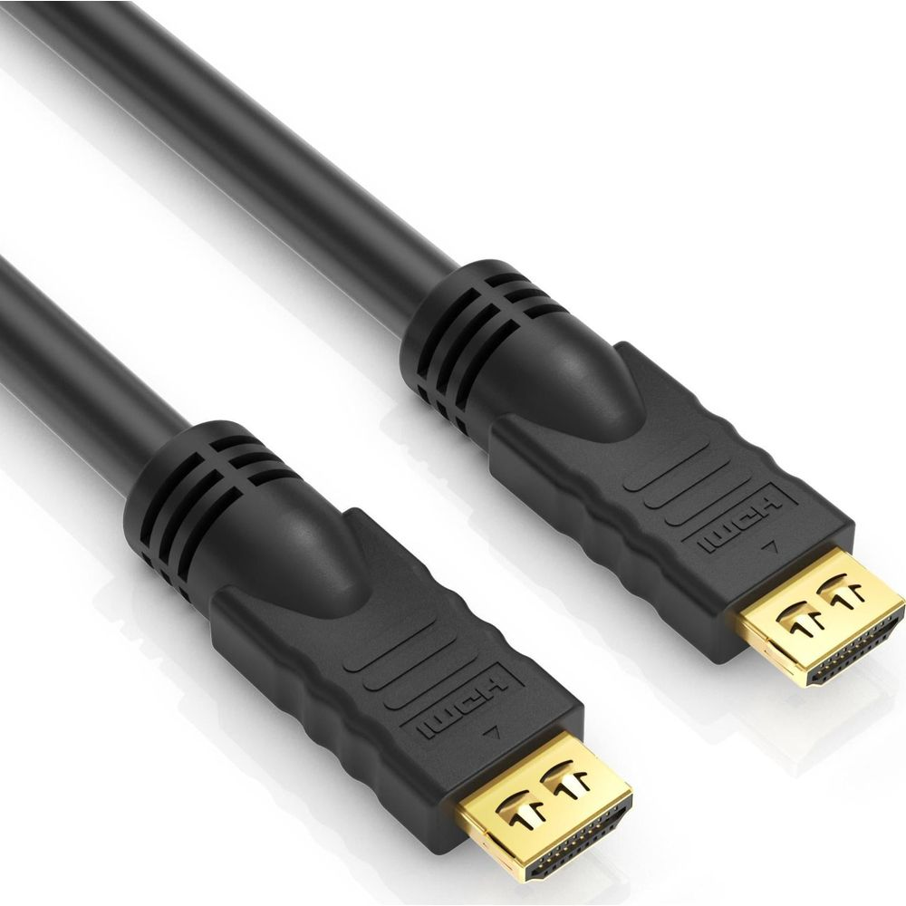 Zwei schwarze HDMI-Kabel mit goldenen Anschlüssen liegen auf weißem Hintergrund.