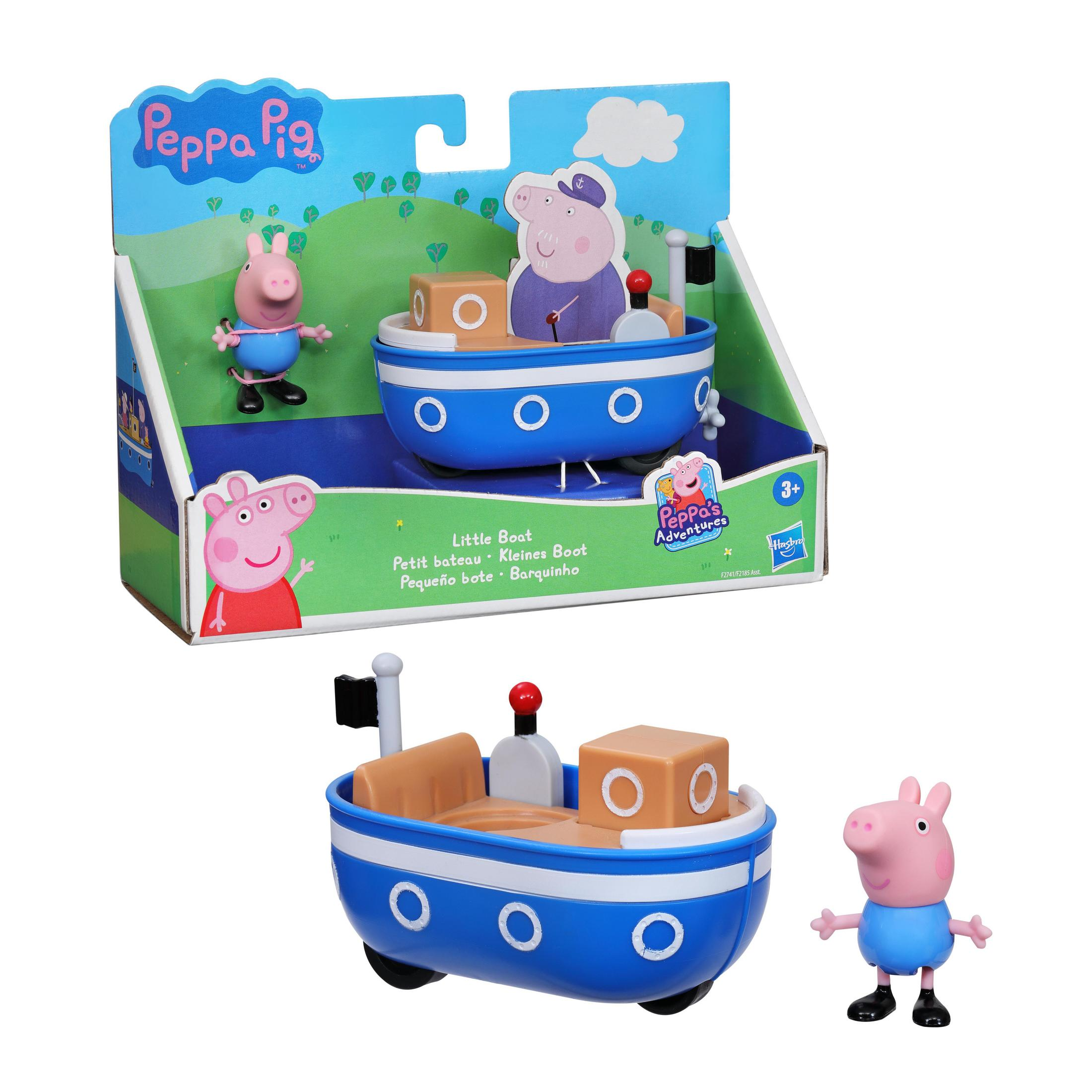 Barca giocattolo Peppa Pig con figure e confezione. Peppa e un capitano sono mostrati.