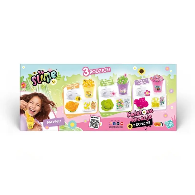 Una niña sostiene una taza amarilla de slime. Se muestran varios kits de slime.