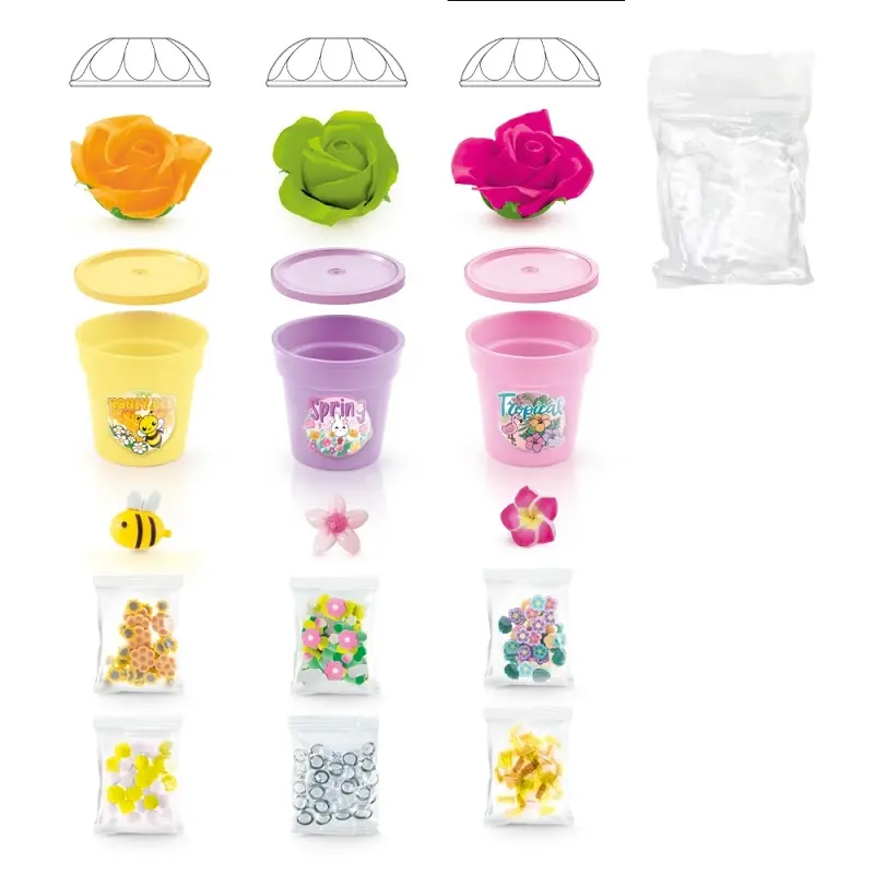Plástico colorido, flores y abejas: juego de juguetes.