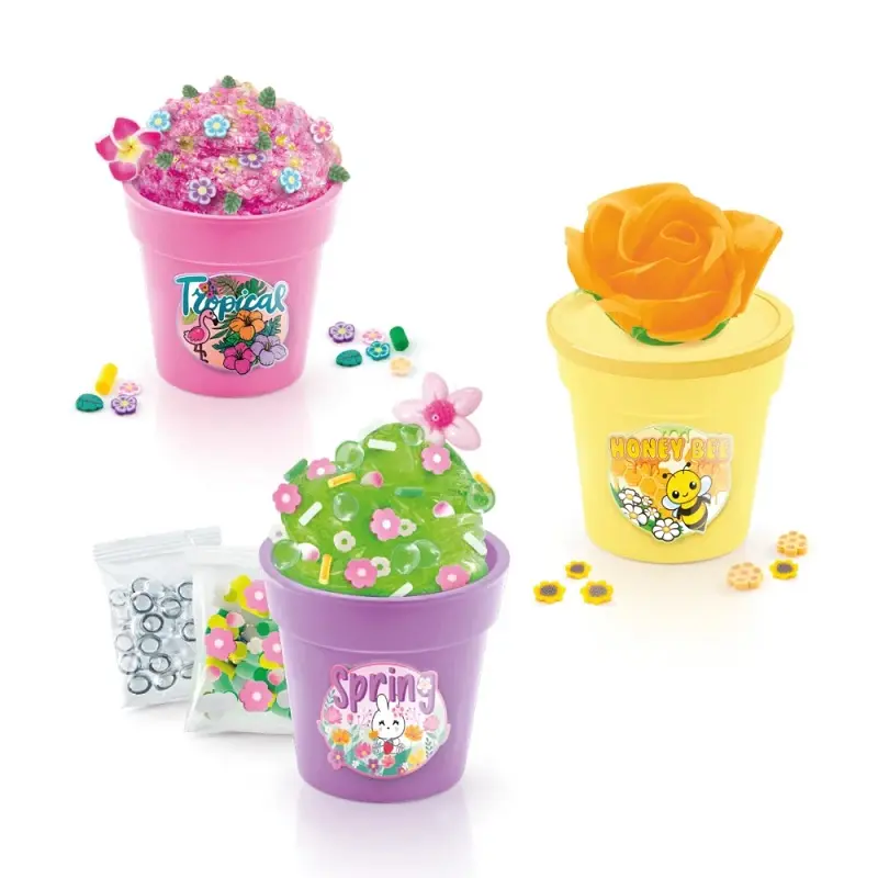 Tres macetas con kits de slime de colores, decoradas con flores y pegatinas.