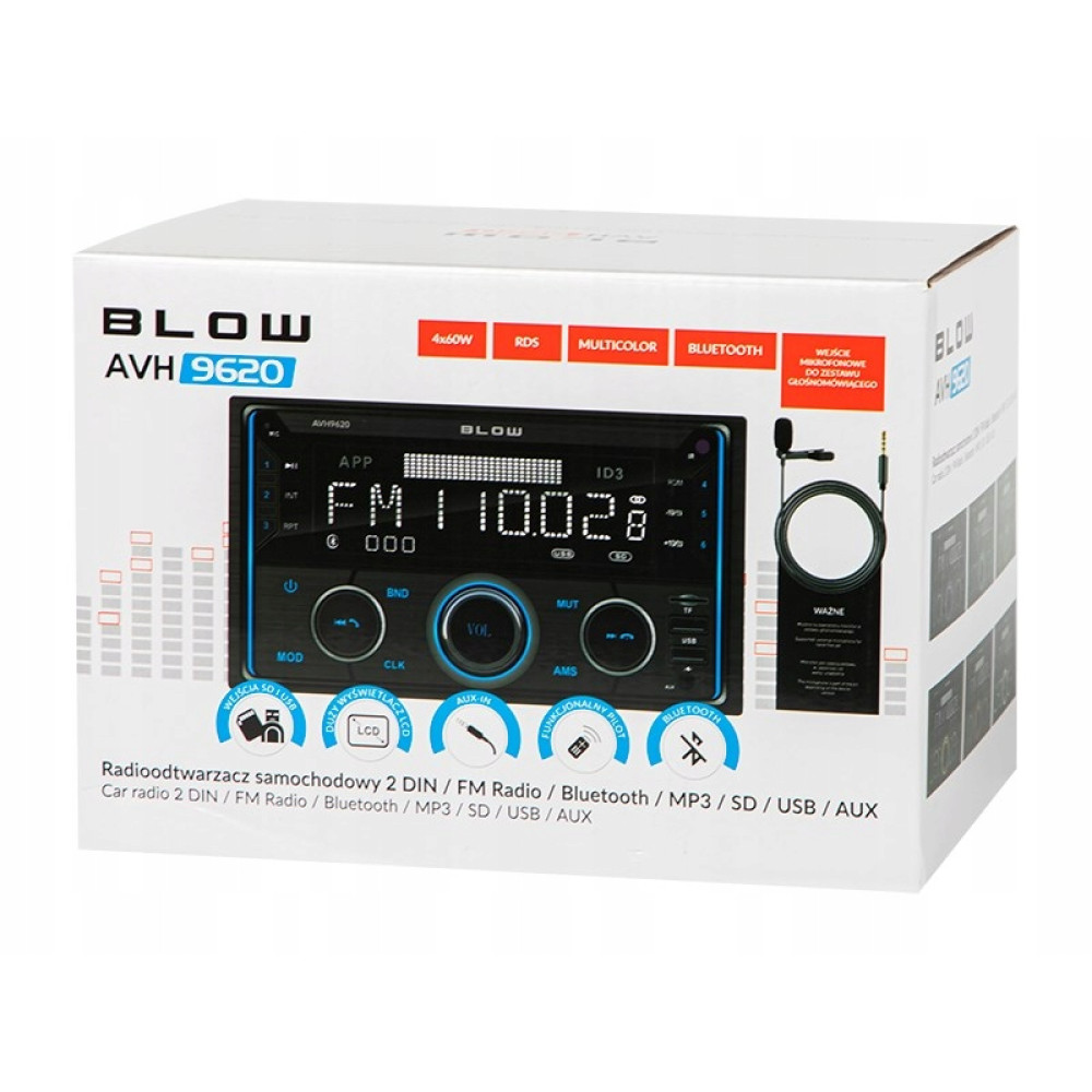 Pudełko radia samochodowego BLOW AVH 9620 z funkcjami FM, Bluetooth, USB, SD, AUX.