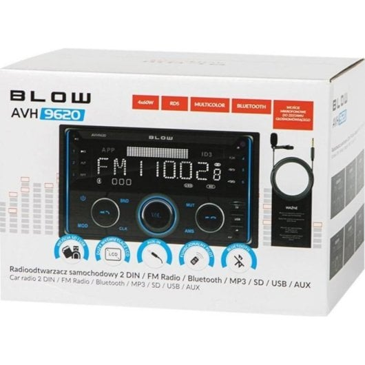 Opakowanie samochodowego radia BLOW AVH 9620 z FM, Bluetooth, MP3, SD, USB, AUX.