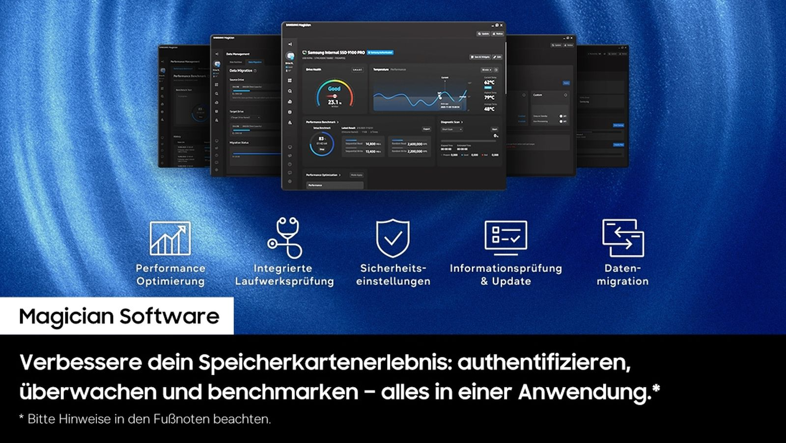 Samsung Magician Software Oberflaeche mit Funktionen wie Leistung, Laufwerkpruefung, Sicherheit und Datenmigration.