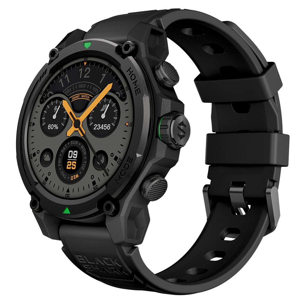 Reloj inteligente negro con esfera redonda, fecha 09/25, batería 60%.