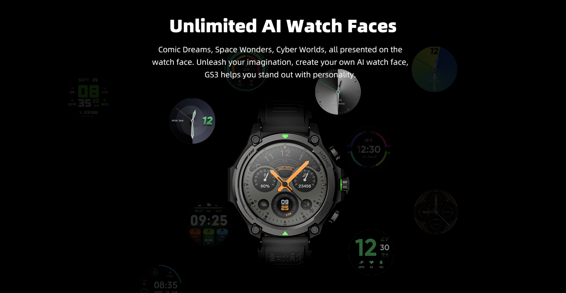 Una pantalla grande de smartwatch que muestra varias esferas de reloj.