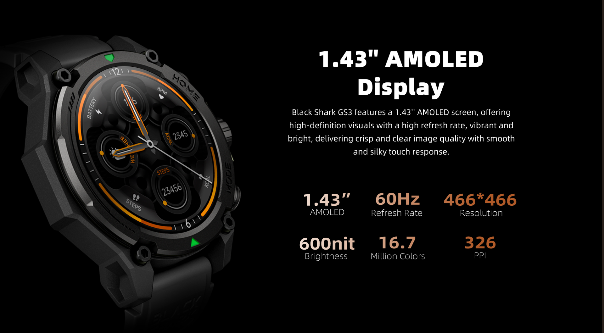 Reloj inteligente negro con pantalla AMOLED redonda que muestra pasos, ritmo cardíaco y batería.