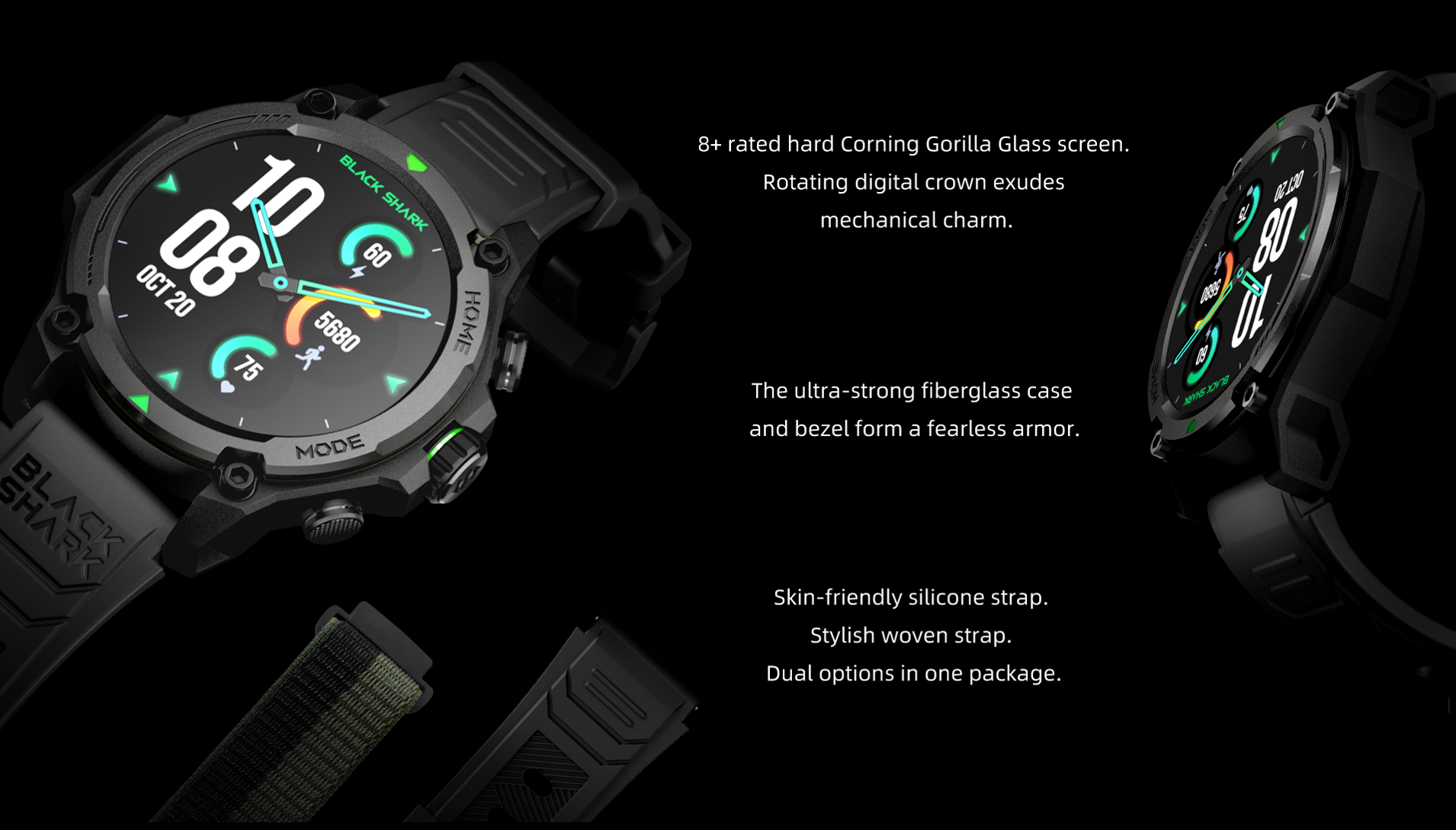 Reloj inteligente negro con pantalla digital que muestra hora, fecha, pasos y ritmo cardíaco.