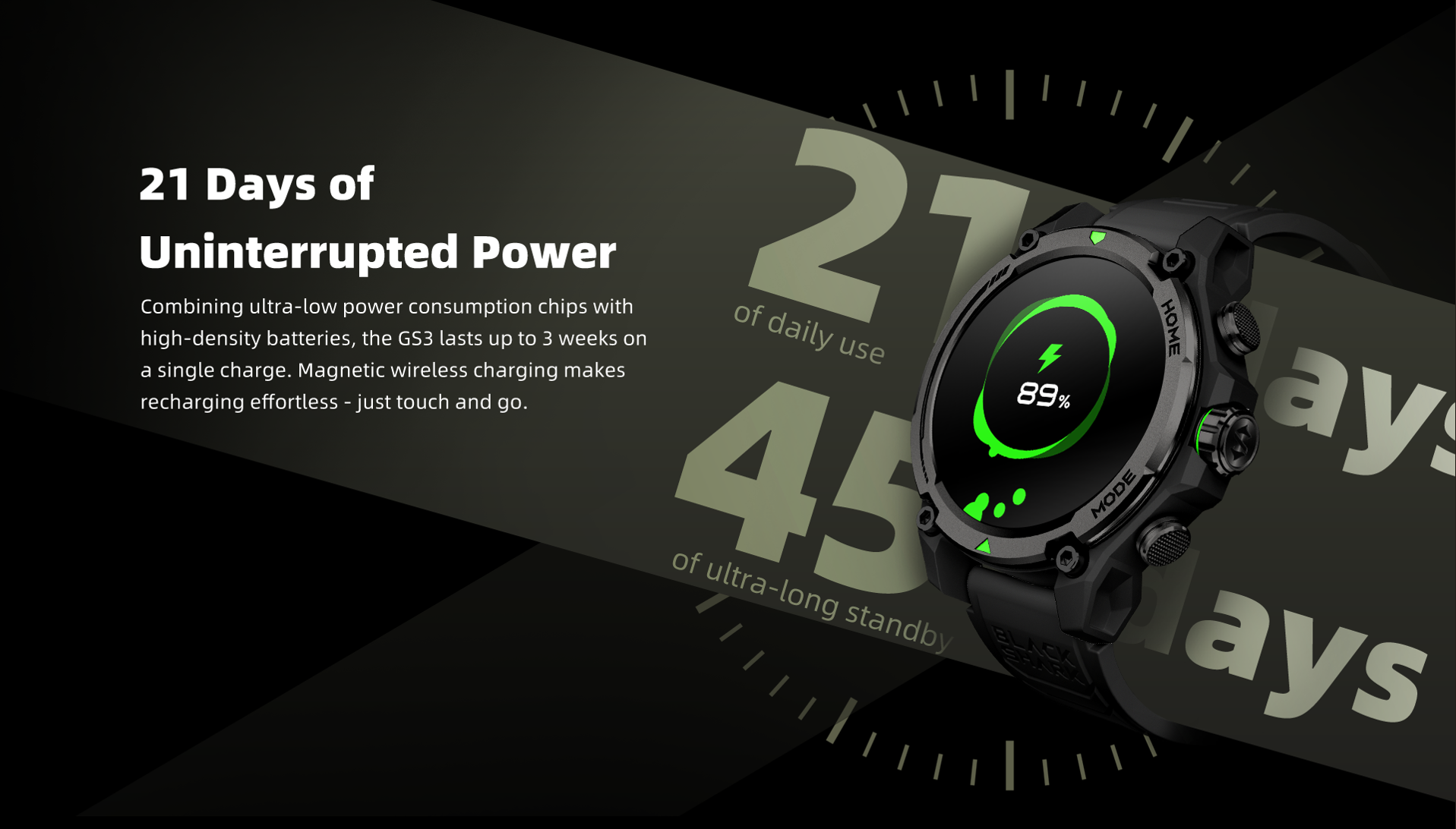 Un reloj inteligente negro con 89% de batería, dura 21 días.
