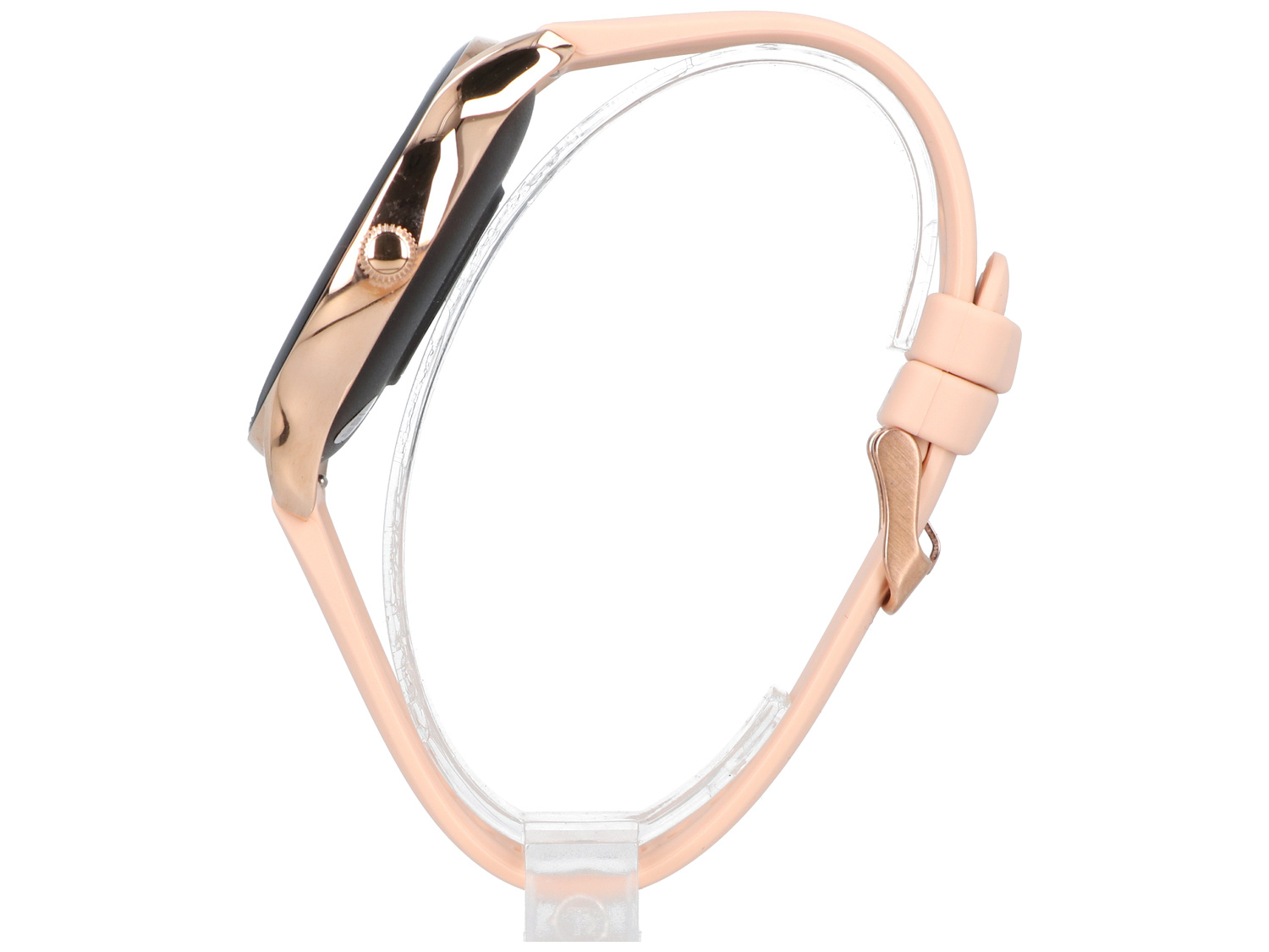 Różowo-złoty smartwatch z jasnoróżową bransoletą na stojaku.