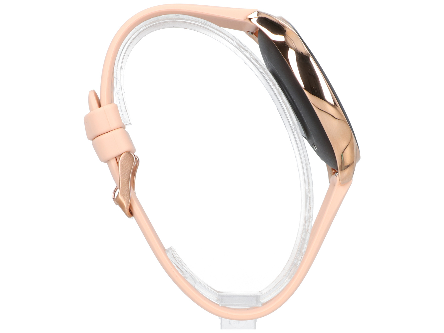 Różowy smartwatch z kopertą w kolorze różowego złota na przezroczystym stojaku.