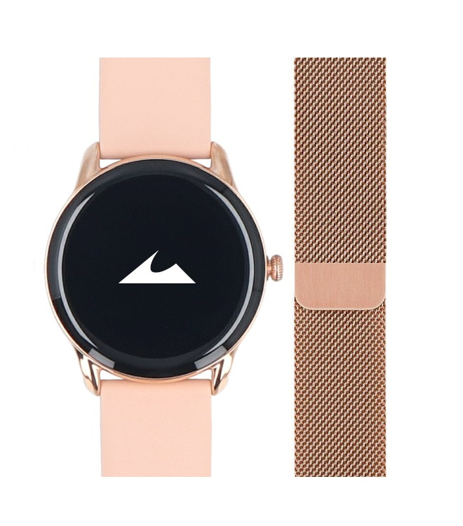 Różowy smartwatch z czarnym ekranem i bransoletą z różowego złota.
