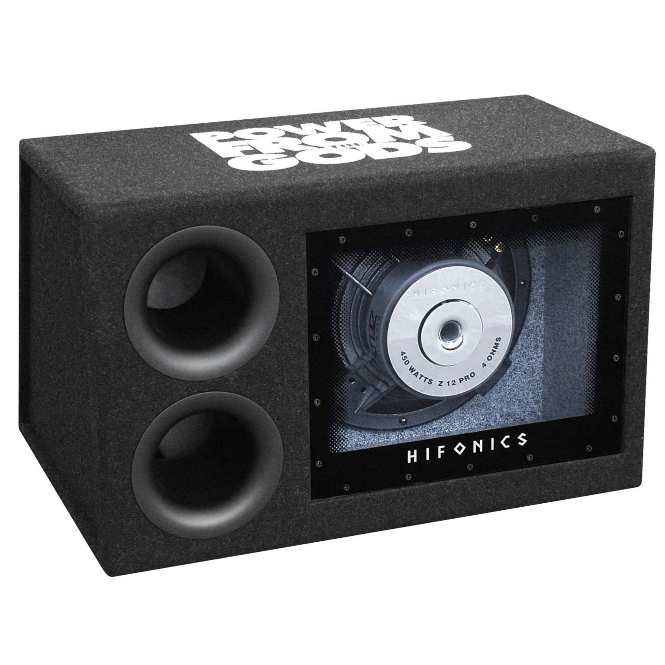 Schwarzer Subwoofer mit zwei Bassreflexöffnungen und Hifonics-Logo.
