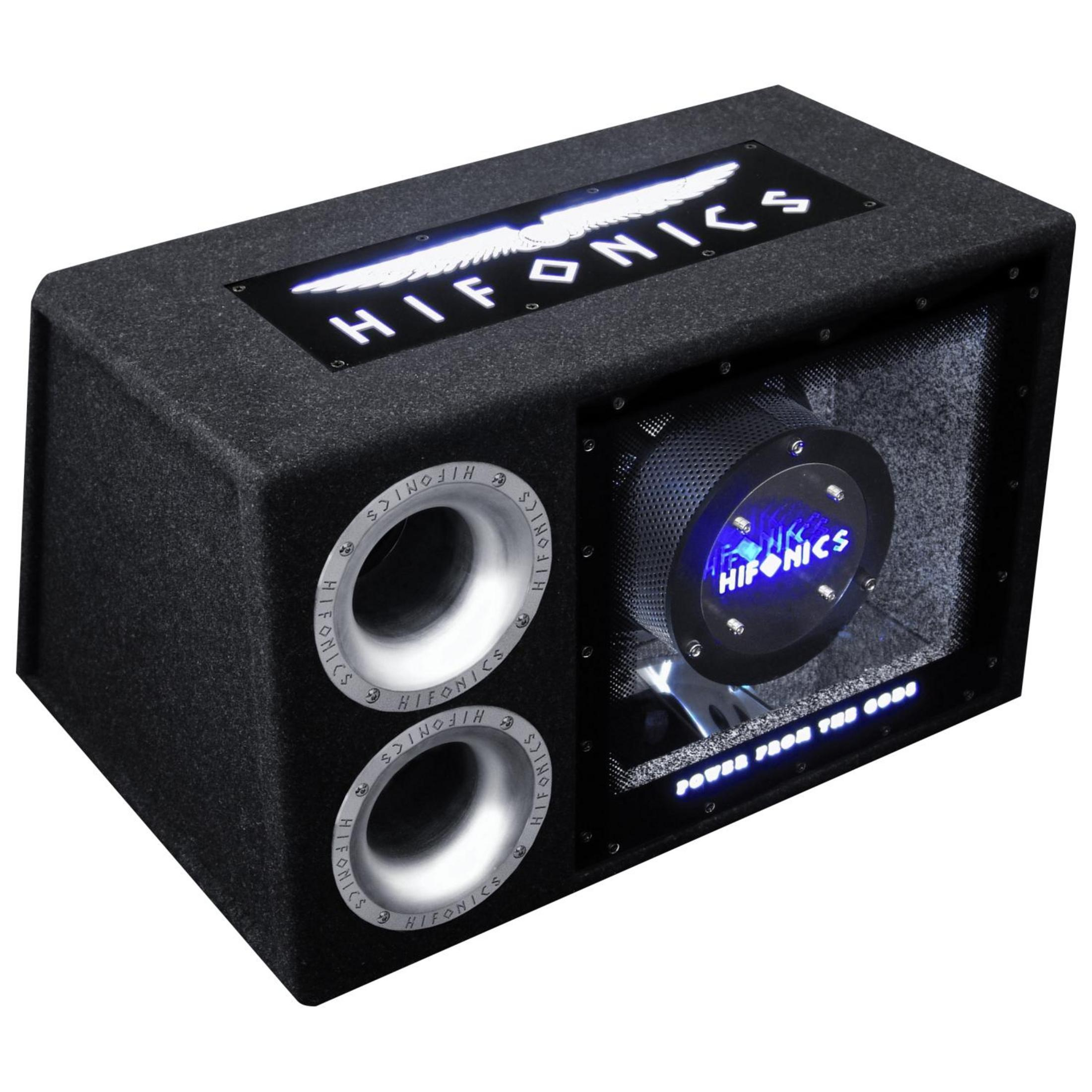 Schwarze Hifonics-Subwoofer-Box mit beleuchtetem Logo und zwei Bassreflexrohren.