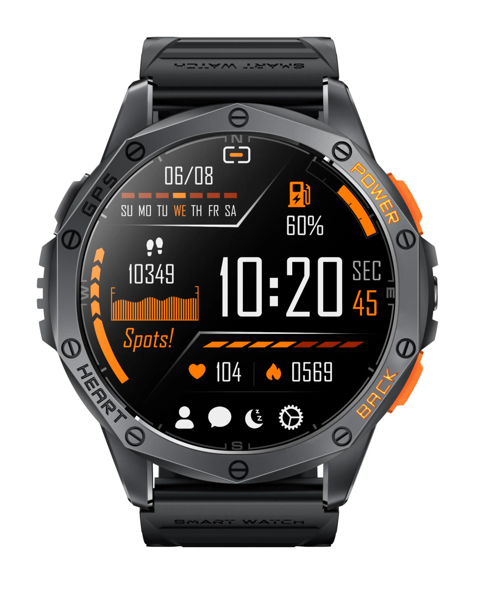 Szary smartwatch z pomarańczowymi akcentami, wyświetla godzinę, datę, kroki, tętno.