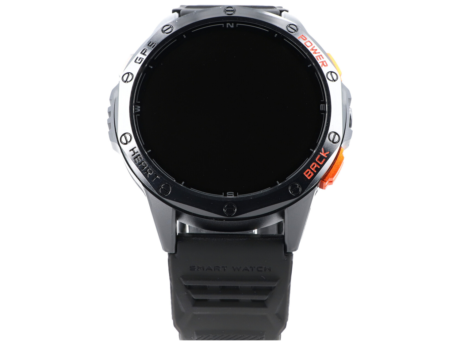 Czarny smartwatch z srebrną ramką i pomarańczowymi przyciskami.