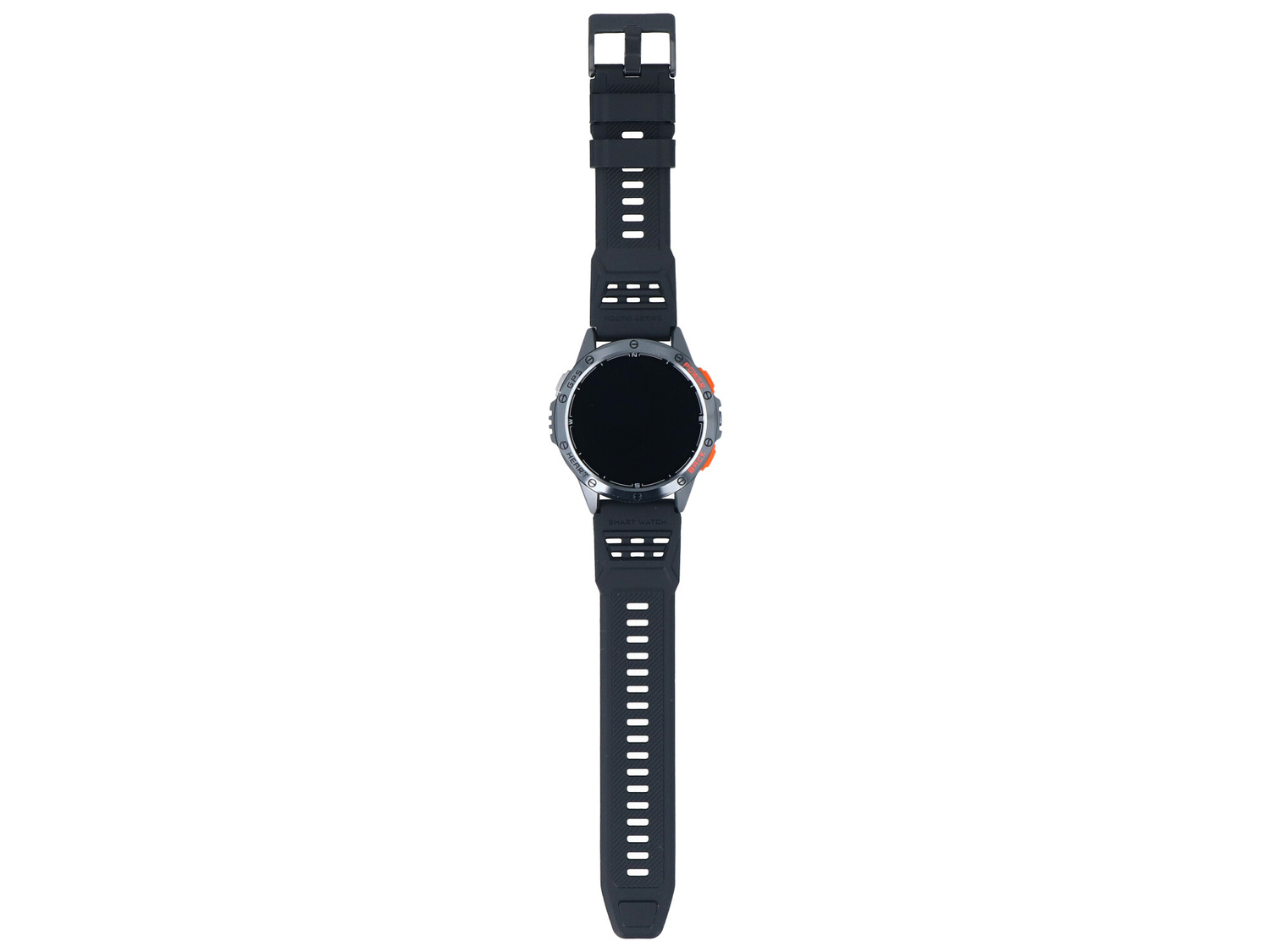 Ciemny smartwatch z czarnym paskiem i szarymi akcentami.