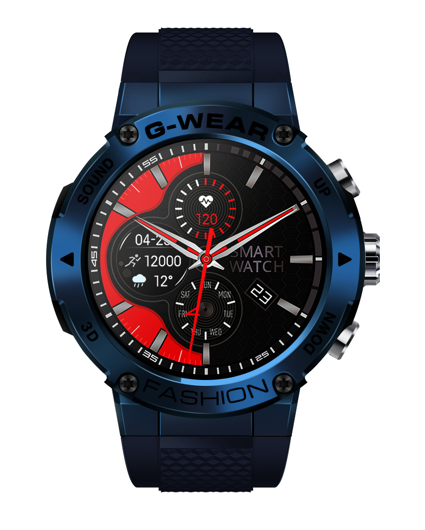 Niebieski smartwatch z czerwono-czarną tarczą, pokazujący 12000 kroków i 12 stopni.