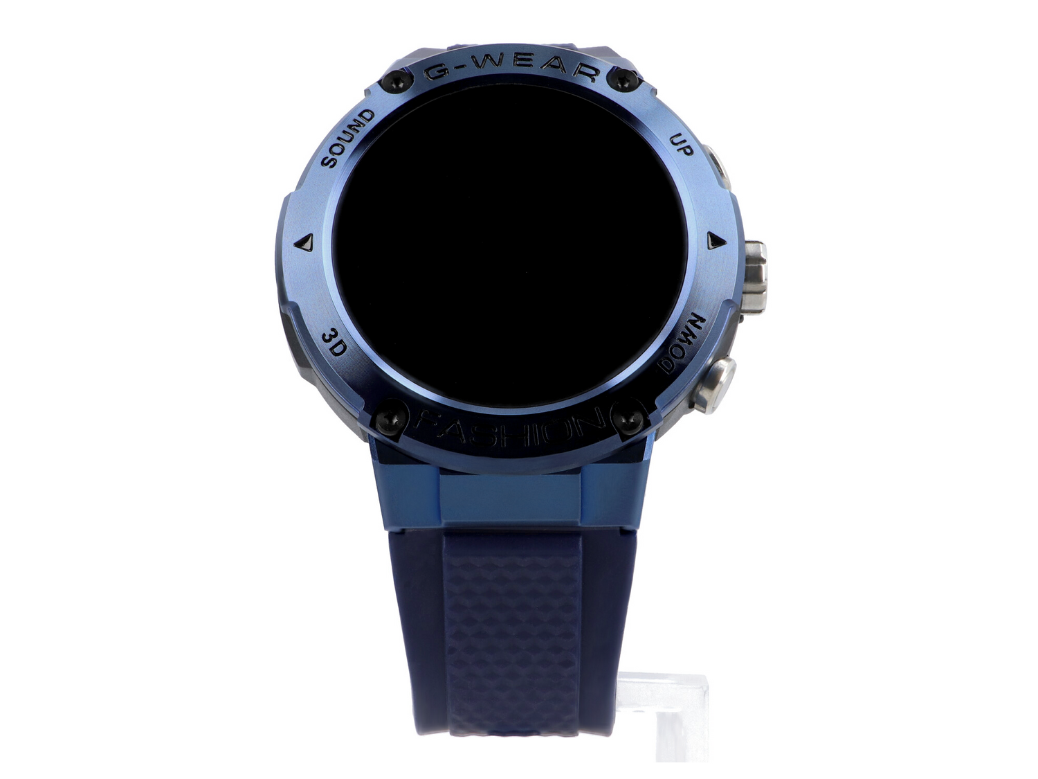 Niebieski smartwatch z czarnym ekranem i niebieskim paskiem.