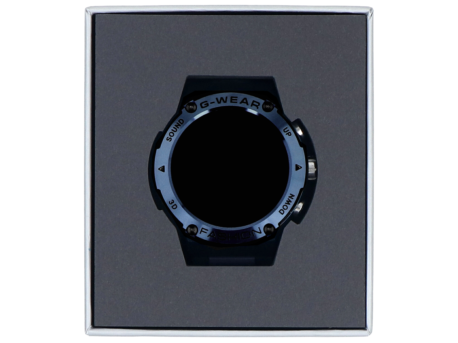 Czarny smartwatch ze srebrnym detalem ramki w szarym pudełku.