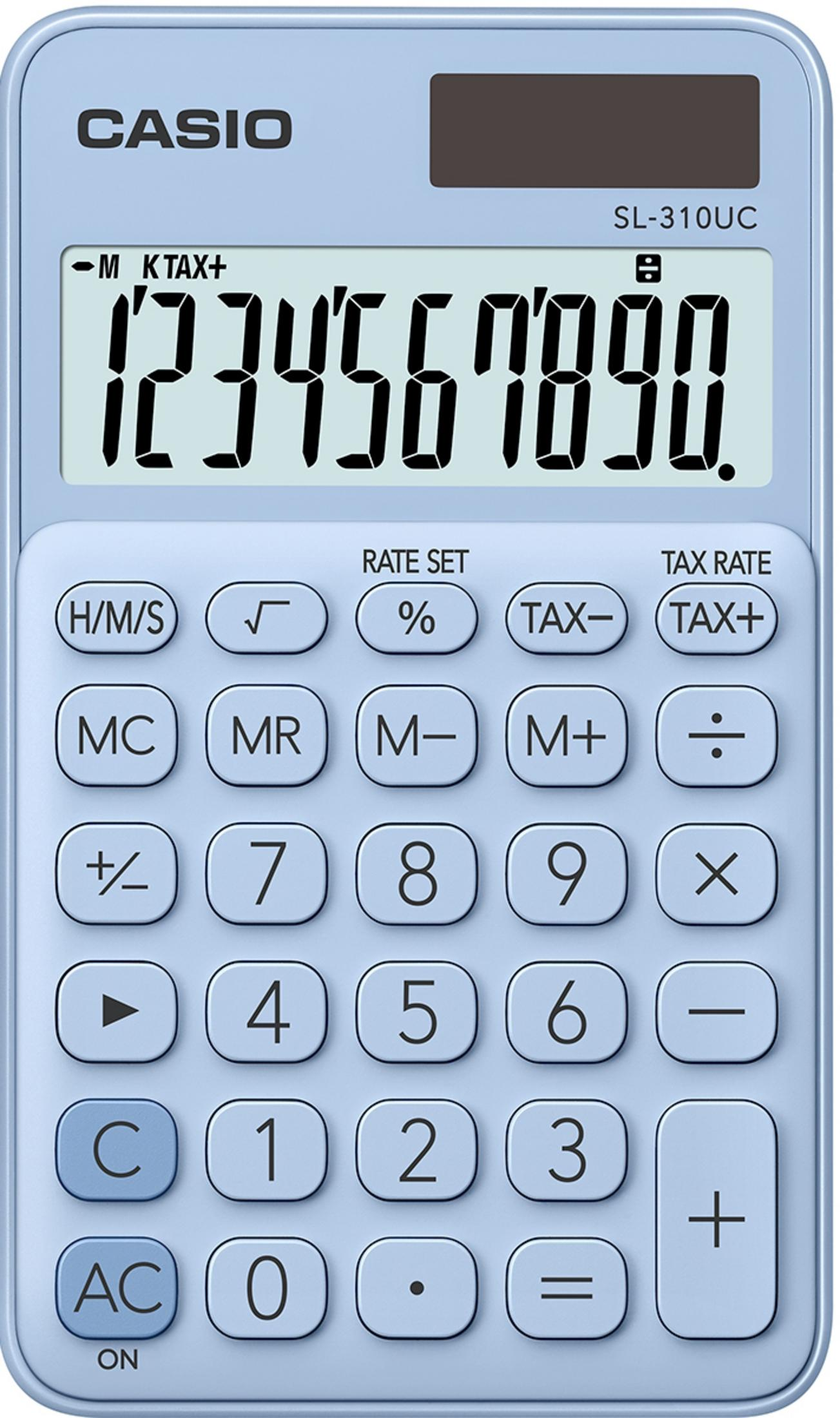 Eine hellblaue Casio SL-310UC Taschenrechner mit Zahlen und Tasten.