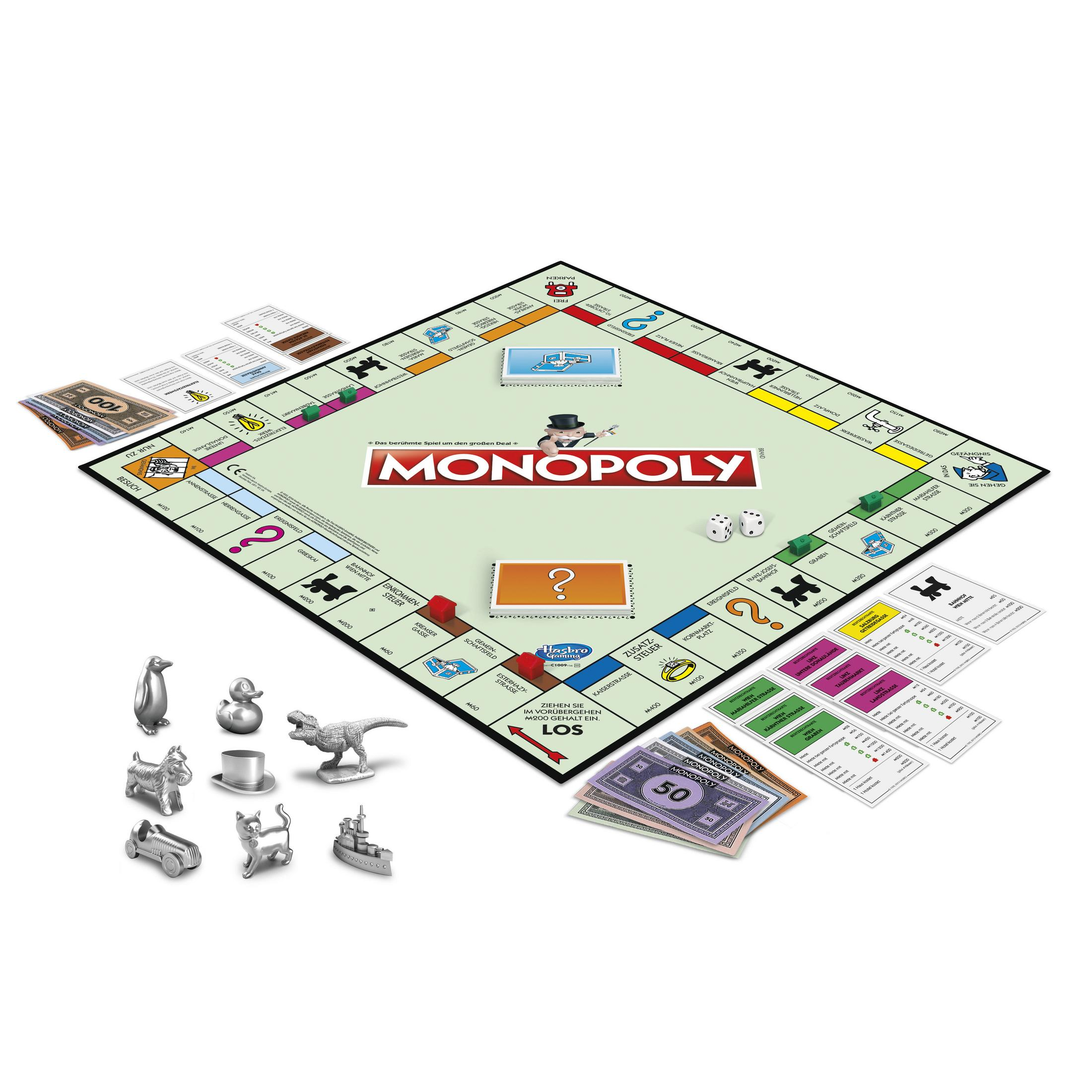 Monopoly Spielbrett mit Spielfiguren, Geld und Karten.