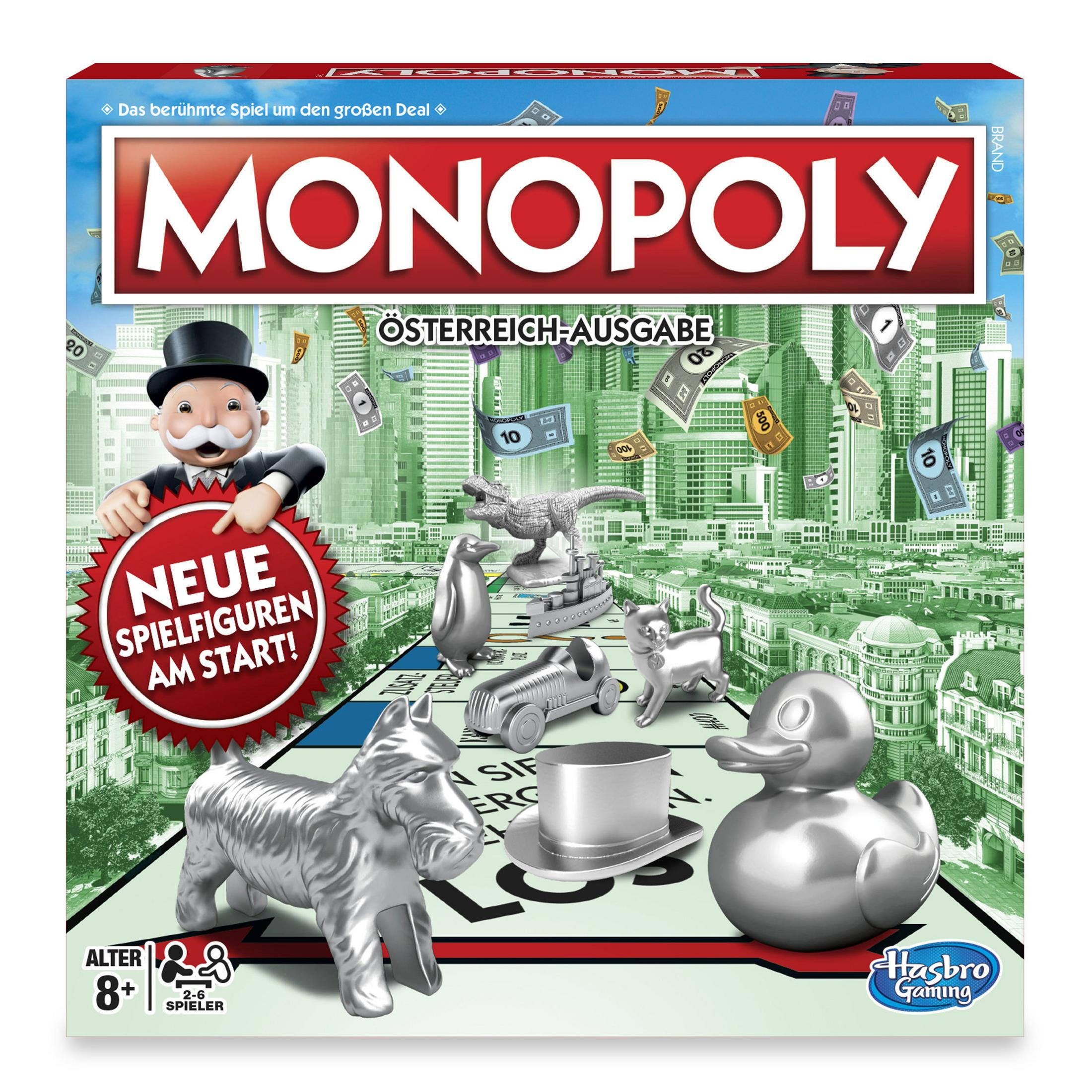 Monopoly Österreich Ausgabe Brettspiel. Silberne Spielfiguren auf Stadtkulisse.