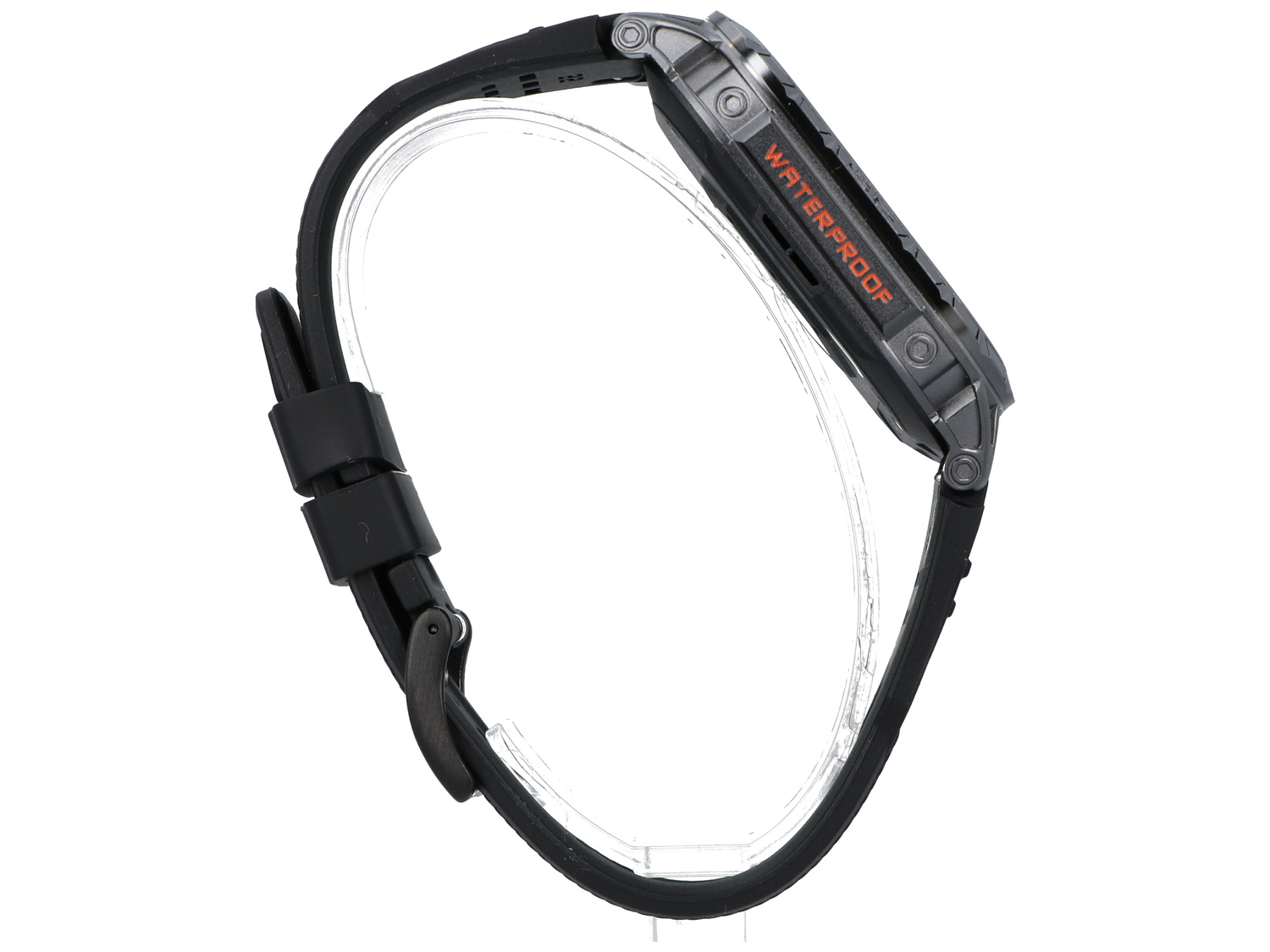 Szary zegarek cyfrowy z czarnym paskiem, z napisem WATERPROOF.