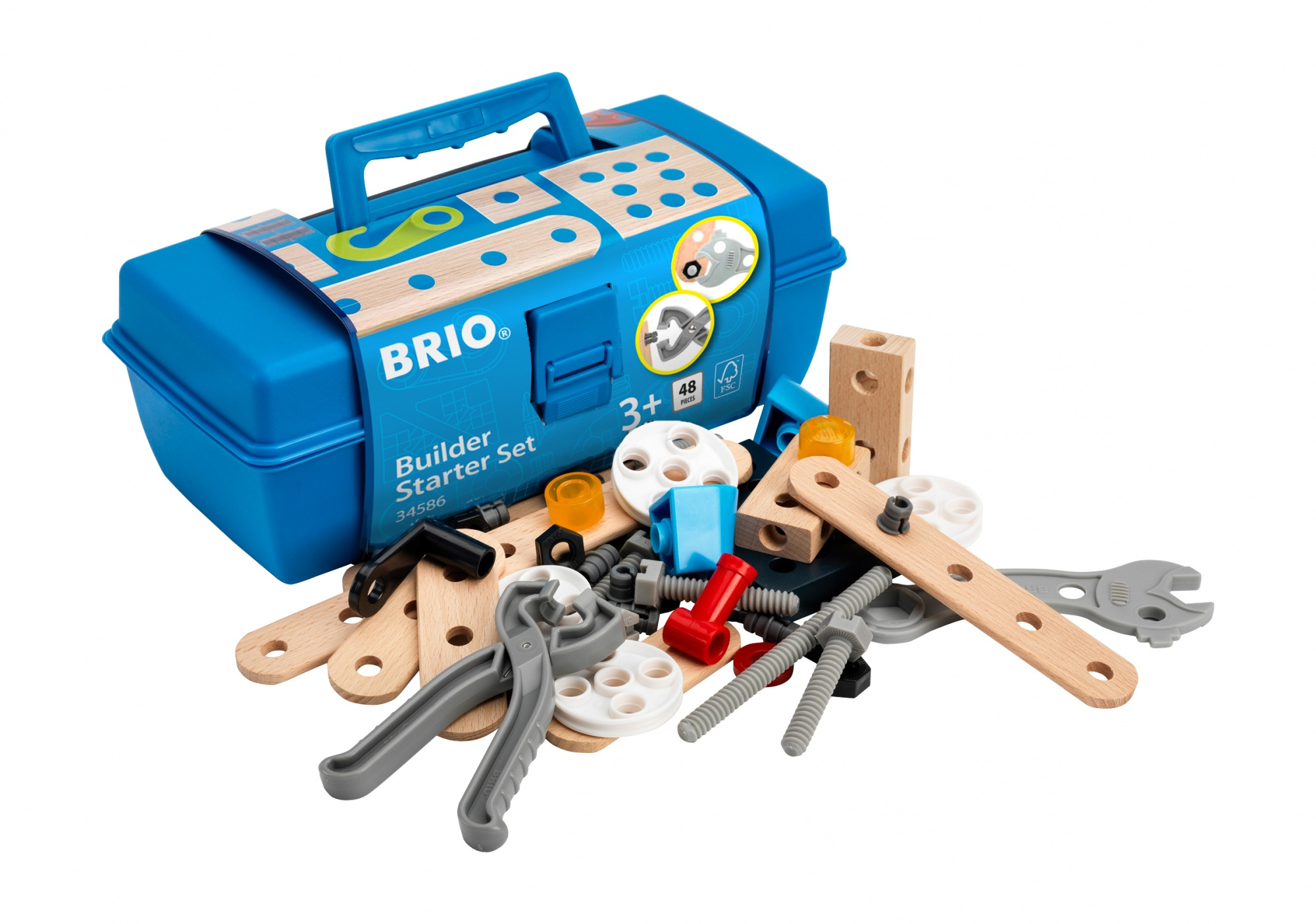 Ein blauer BRIO Werkzeugkasten mit Holzbausteinen und Werkzeugen.