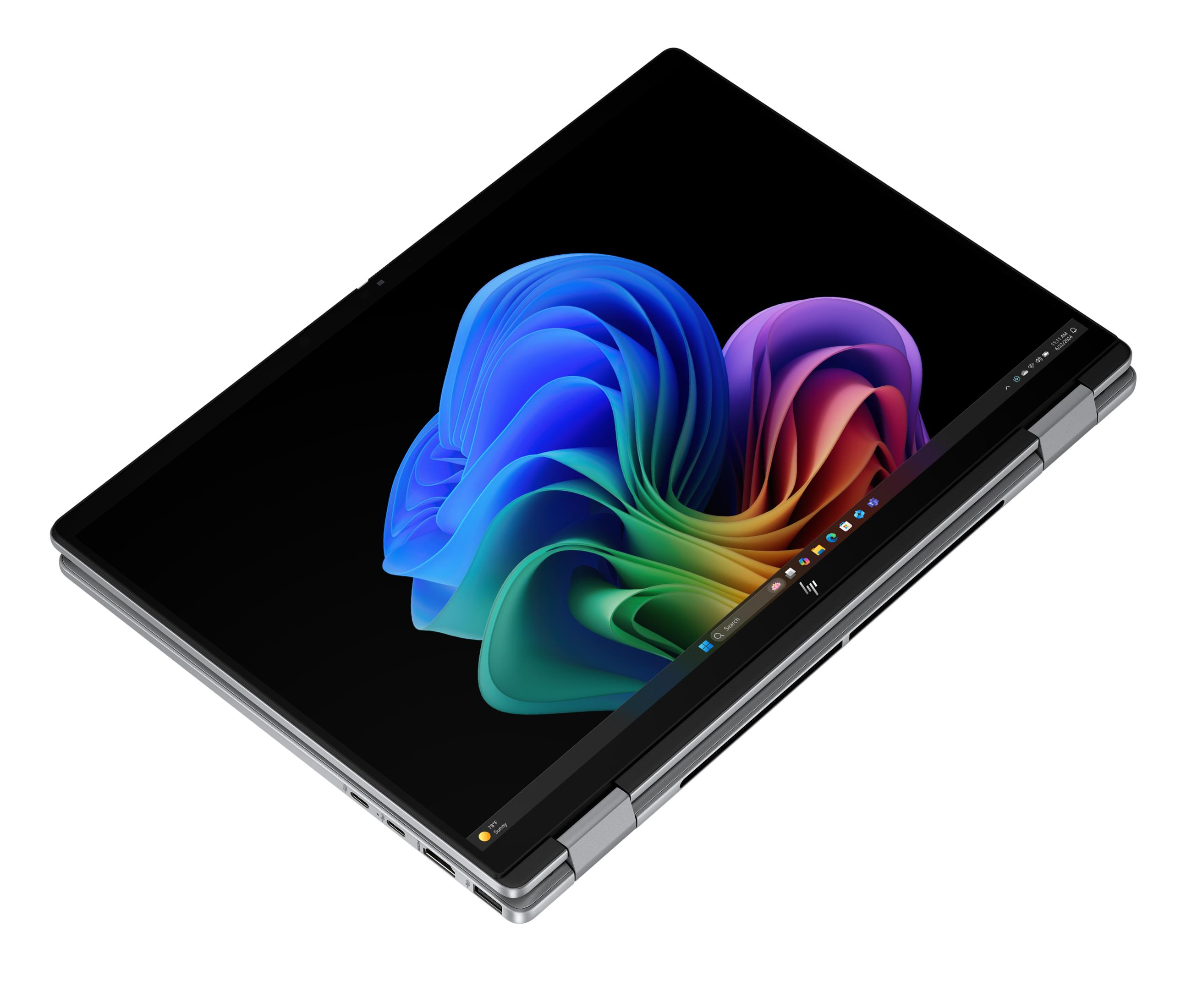 Ein offenes, modernes Laptop mit farbenfrohem Hintergrundbild und Taskleiste.