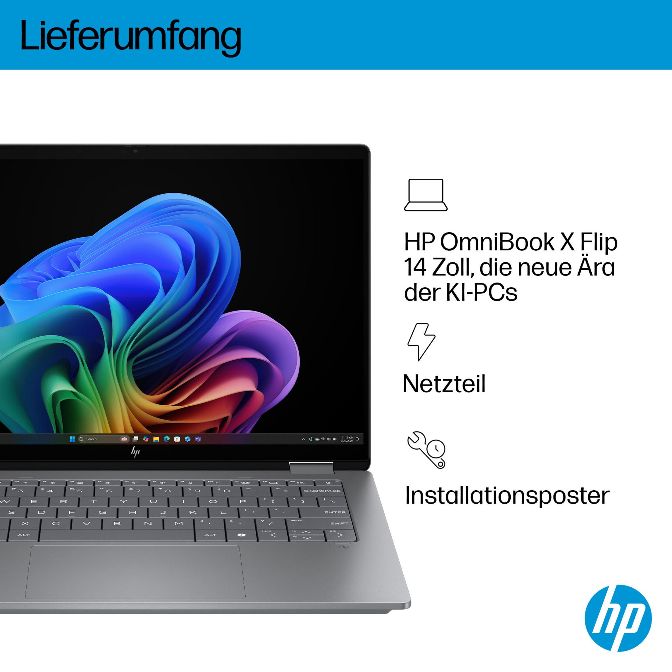 Grauer HP OmniBook X Flip Laptop mit buntem Desktop-Hintergrund.