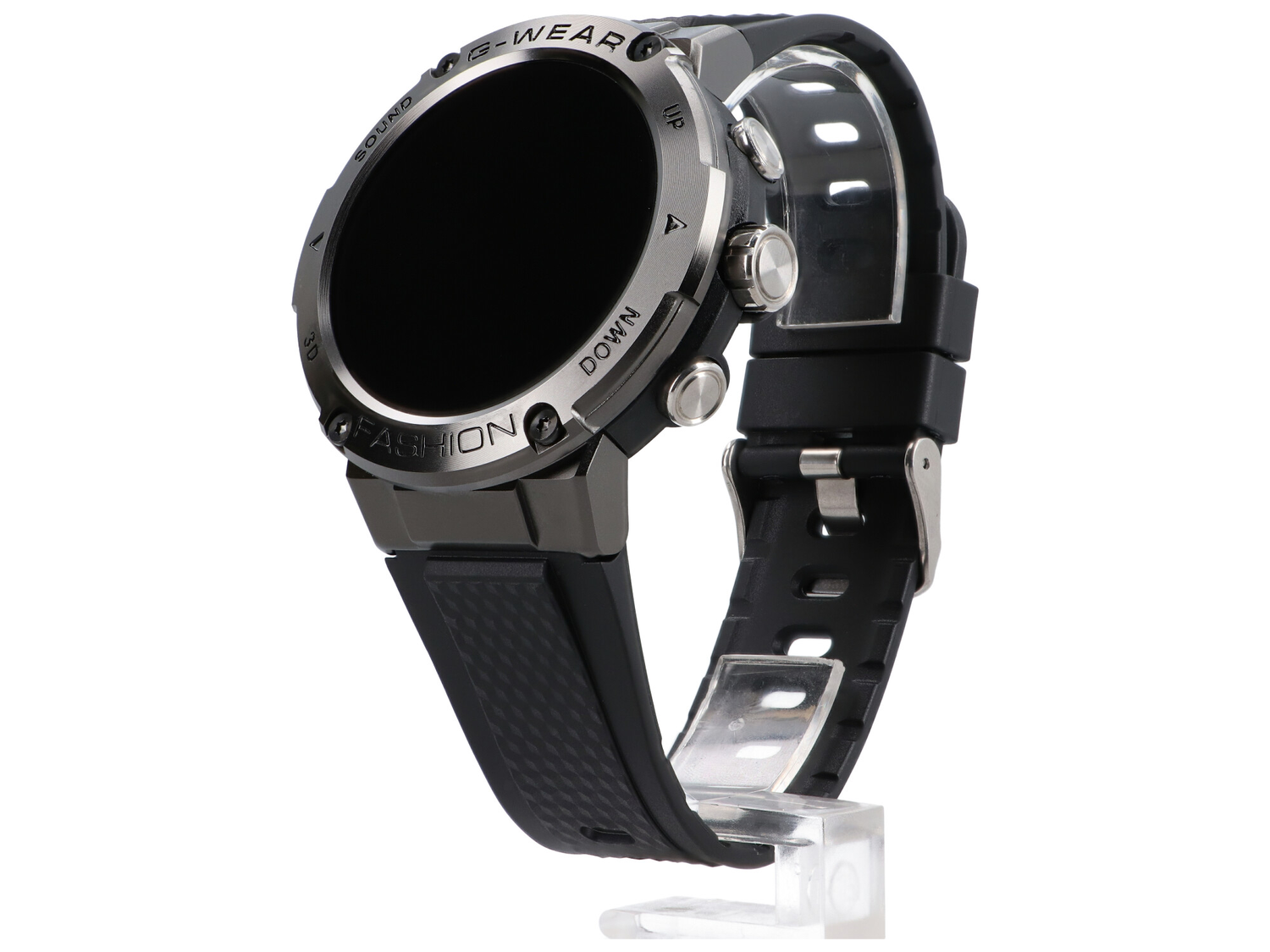 Czarny smartwatch ze srebrną ramką i czarnym paskiem na białym tle.