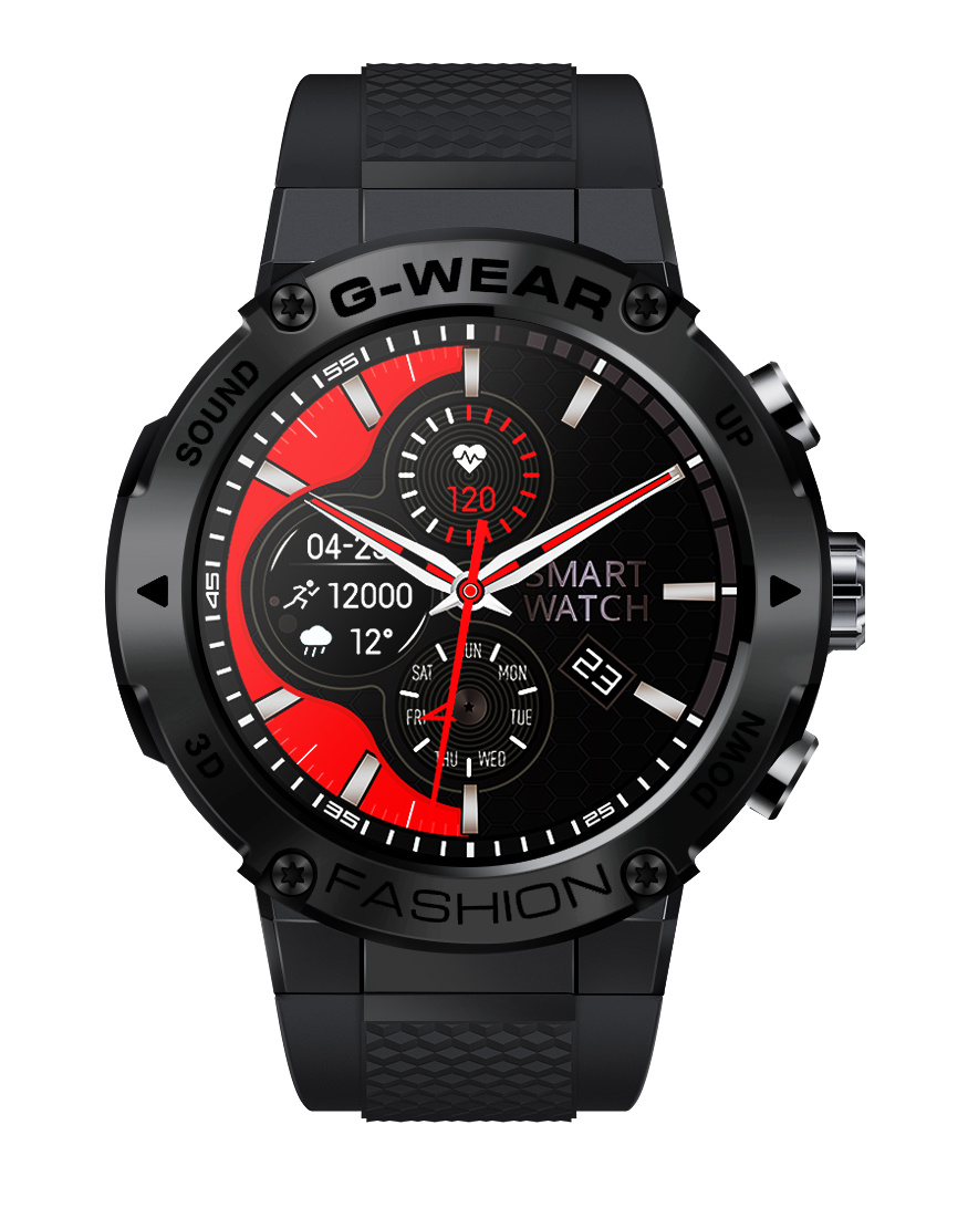 Czarny smartwatch z czerwonymi akcentami. Pokazuje czas, datę, tętno, kroki, temperaturę.