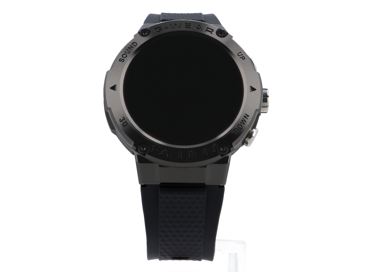 Szary smartwatch z czarnym paskiem i czarnym wyświetlaczem.