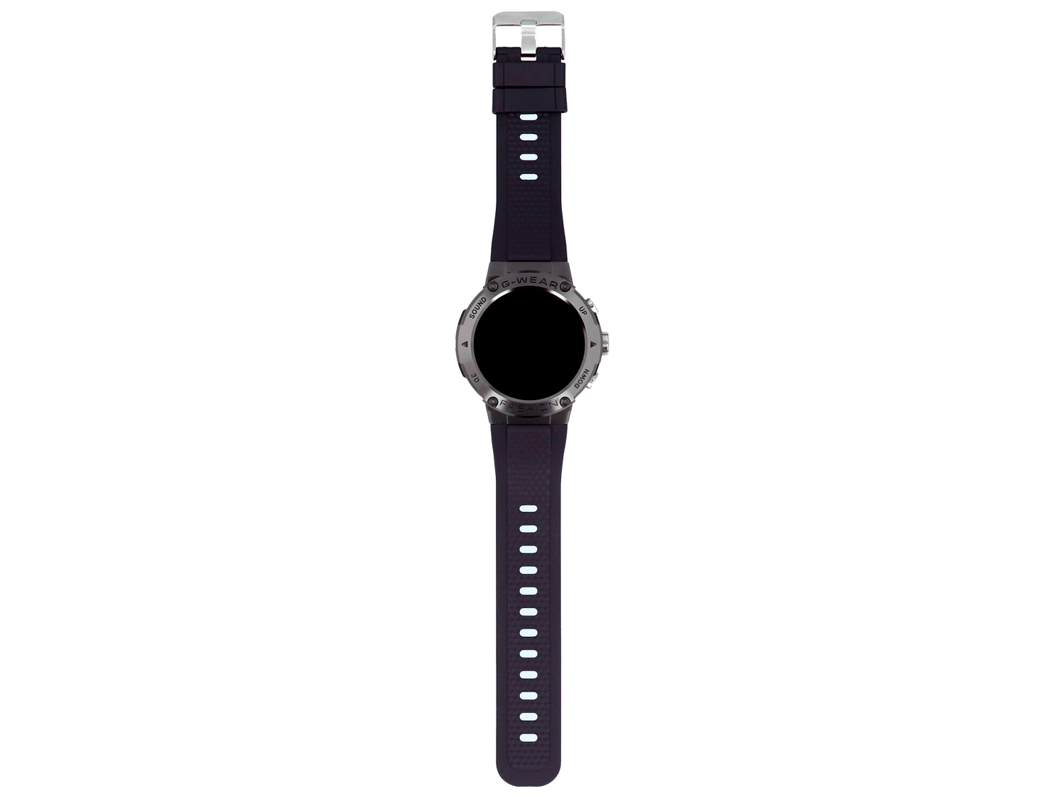 Granatowy smartwatch z czarną tarczą i srebrną klamrą.
